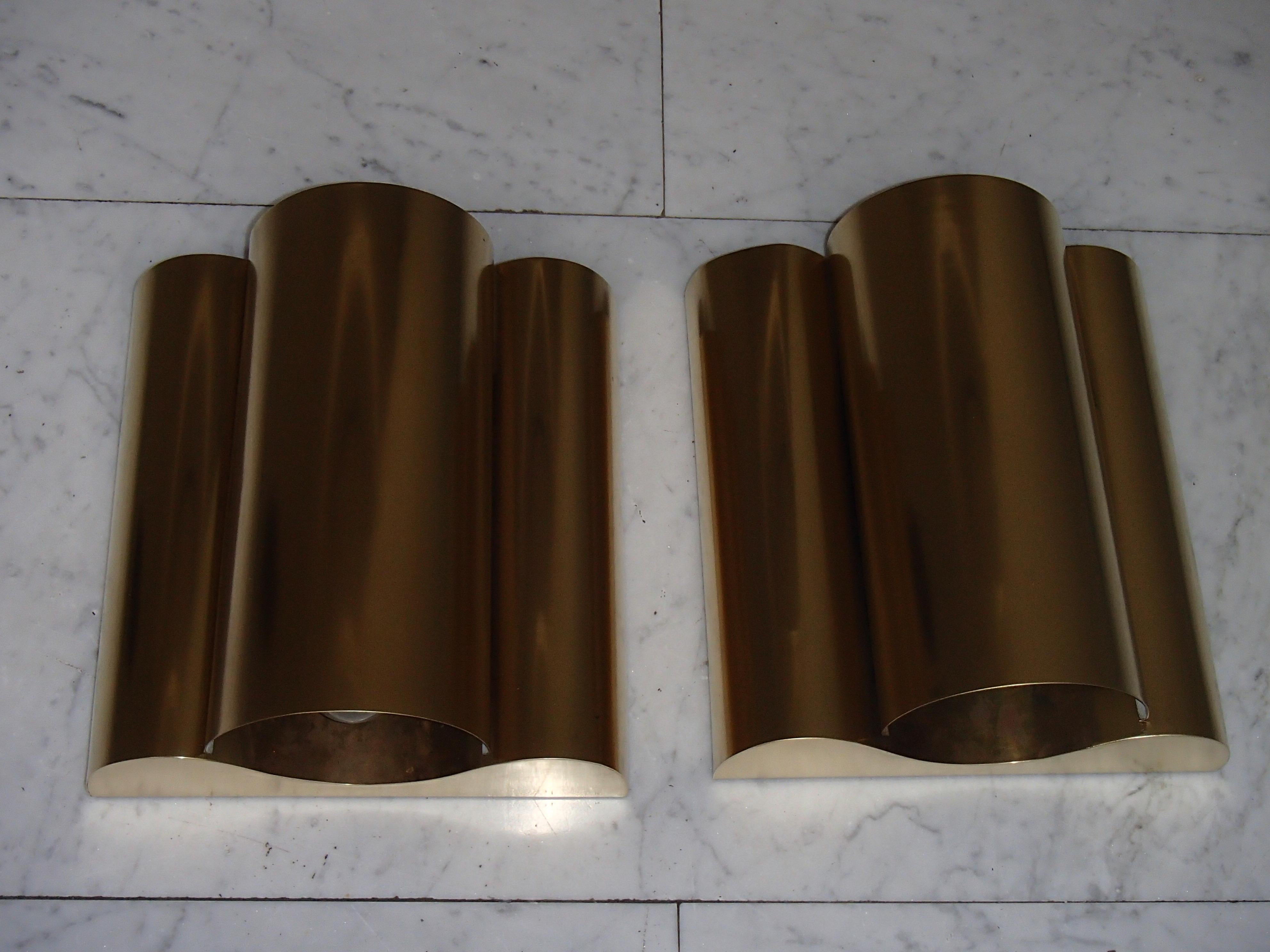 hughe pair brass Mid-Century Modern wall lights scones with 2 bulbs.