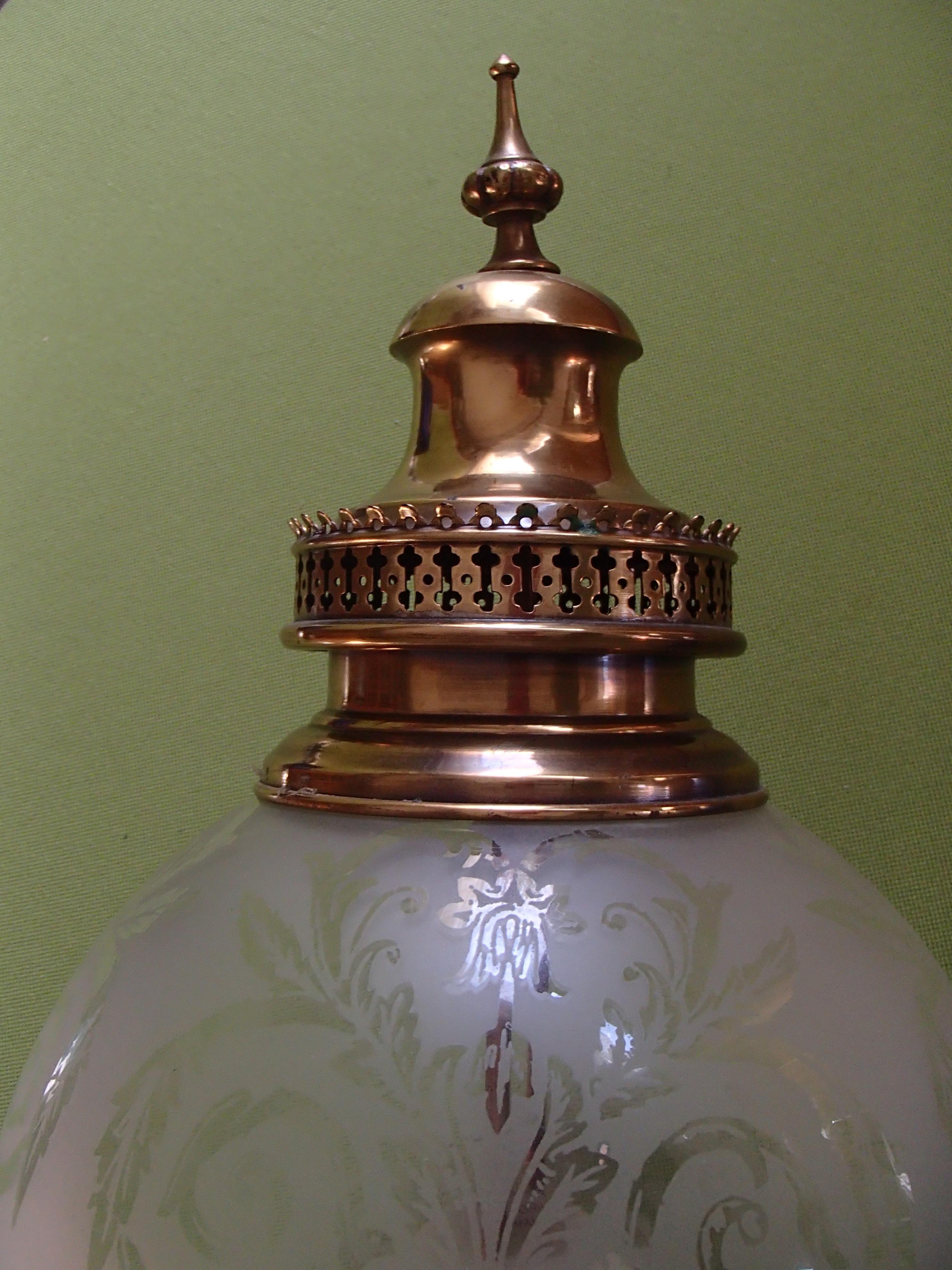 Arts and Crafts Hughe Wall Lights Scones Torches with Round Engraved Glass and Brass For Sale