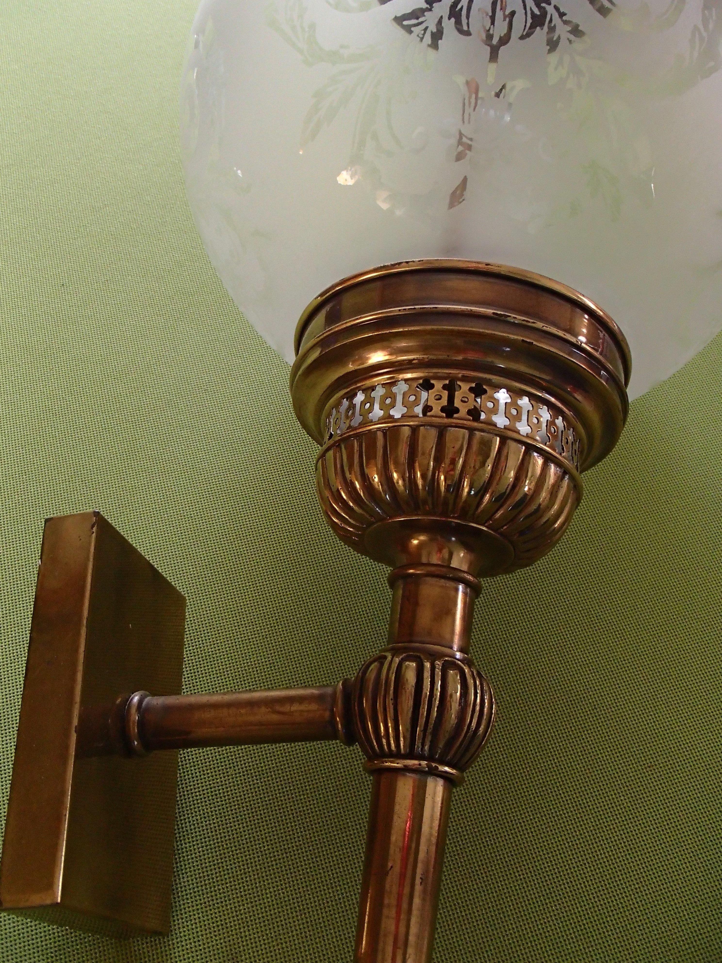 Late 20th Century Hughe Wall Lights Scones Torches with Round Engraved Glass and Brass For Sale
