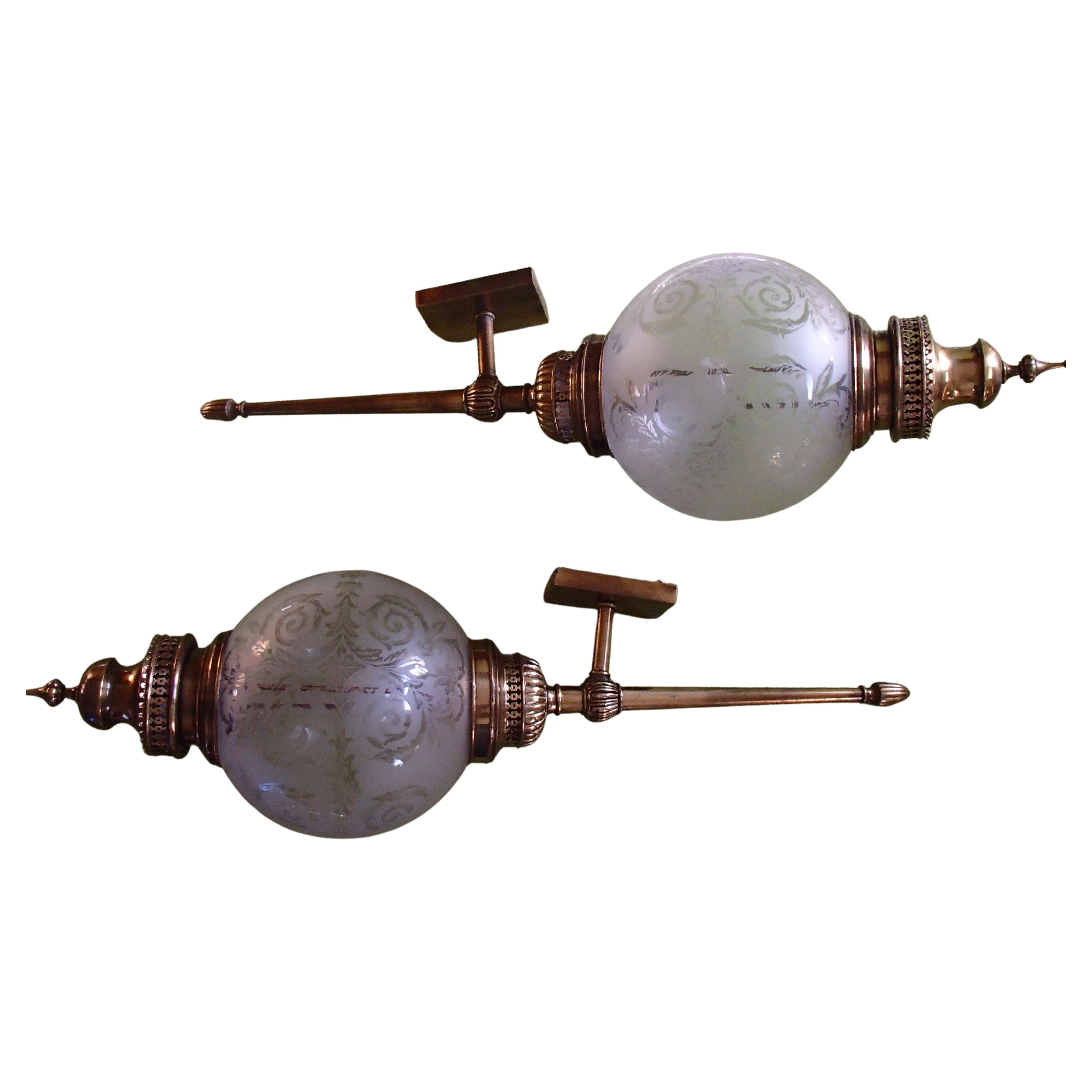 Hughe Wall Lights Scones Torches with Round Engraved Glass and Brass For Sale