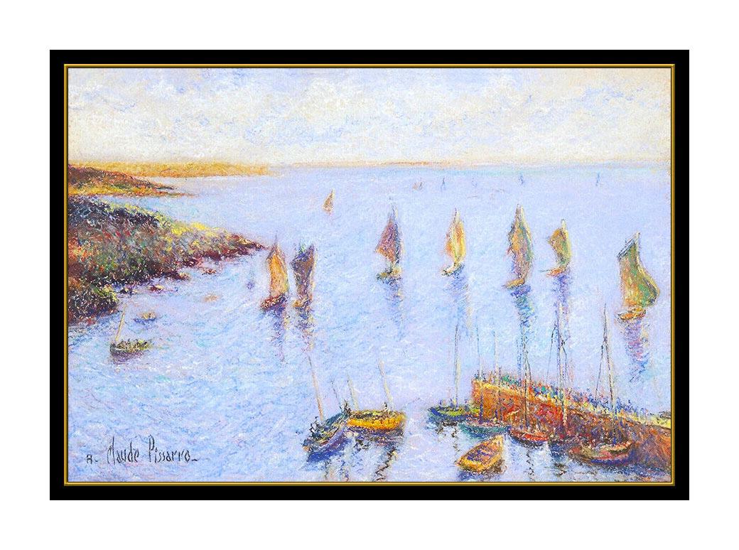 H Claude Pissarro Original Pastel Painting Signed Seascape Harbor Sailboat Art - Beige Landscape Painting by Hughes Claude Pissarro