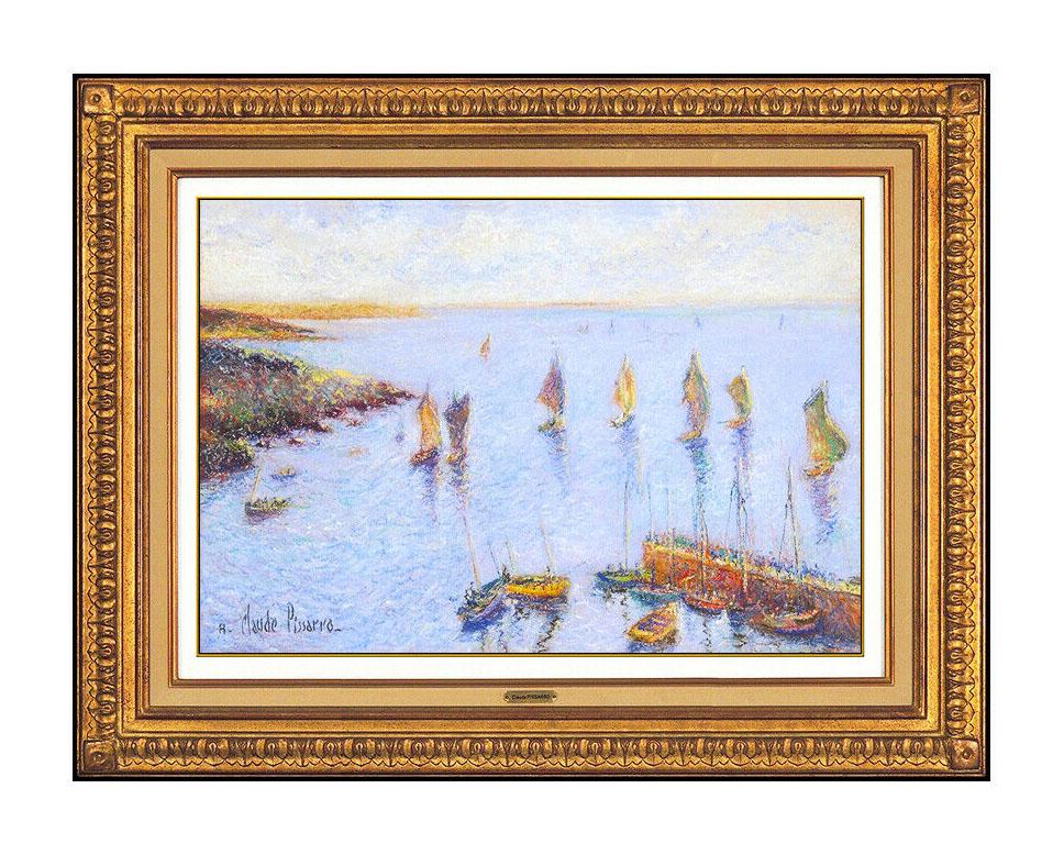 Hughes Claude Pissarro Landscape Painting - H Claude Pissarro Original Pastel Painting Signed Seascape Harbor Sailboat Art