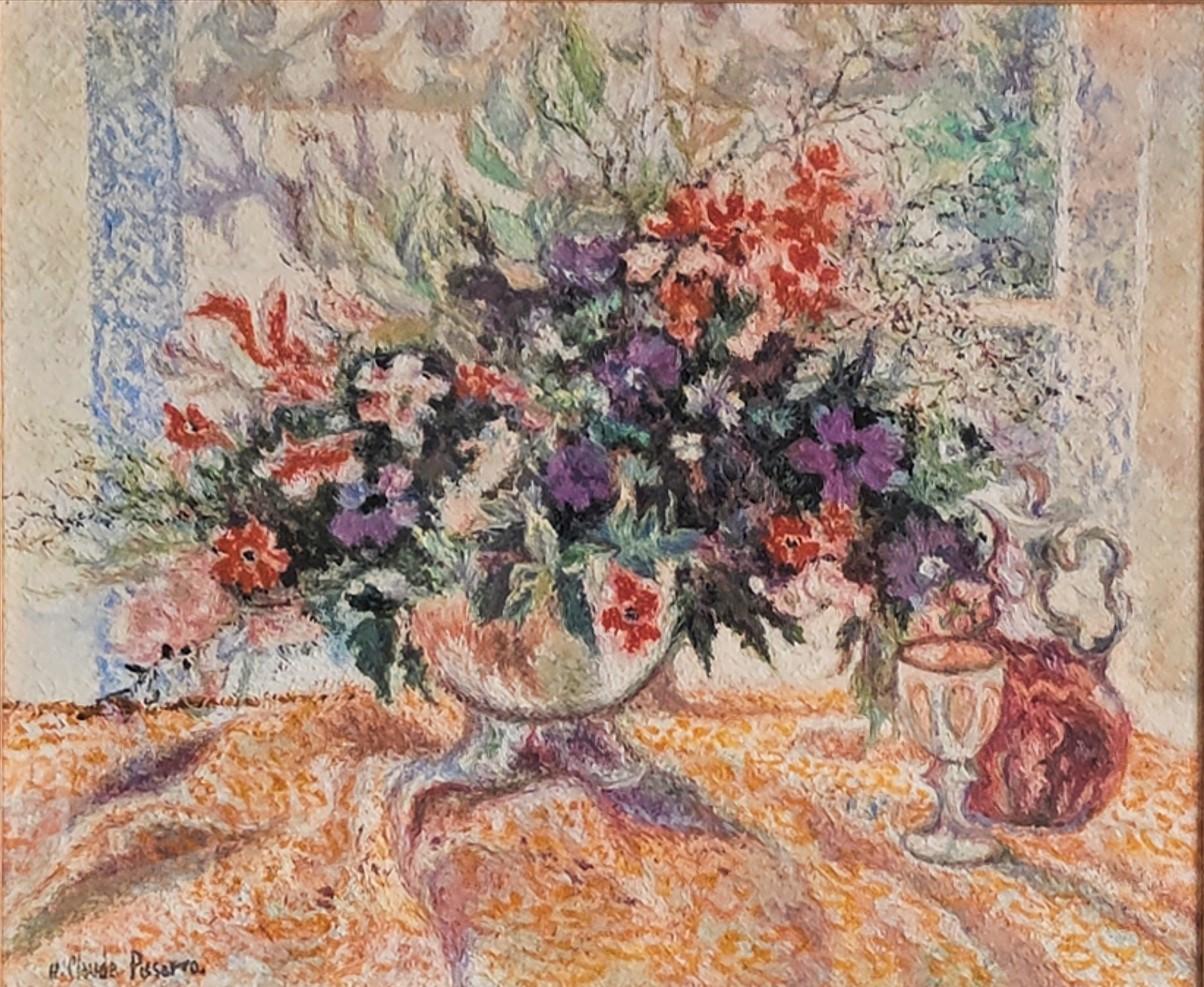 Hughes Claude Pissarro Still-Life Painting - Hughes Claude PISSARRO -- Bouquet aux fleurs rouges