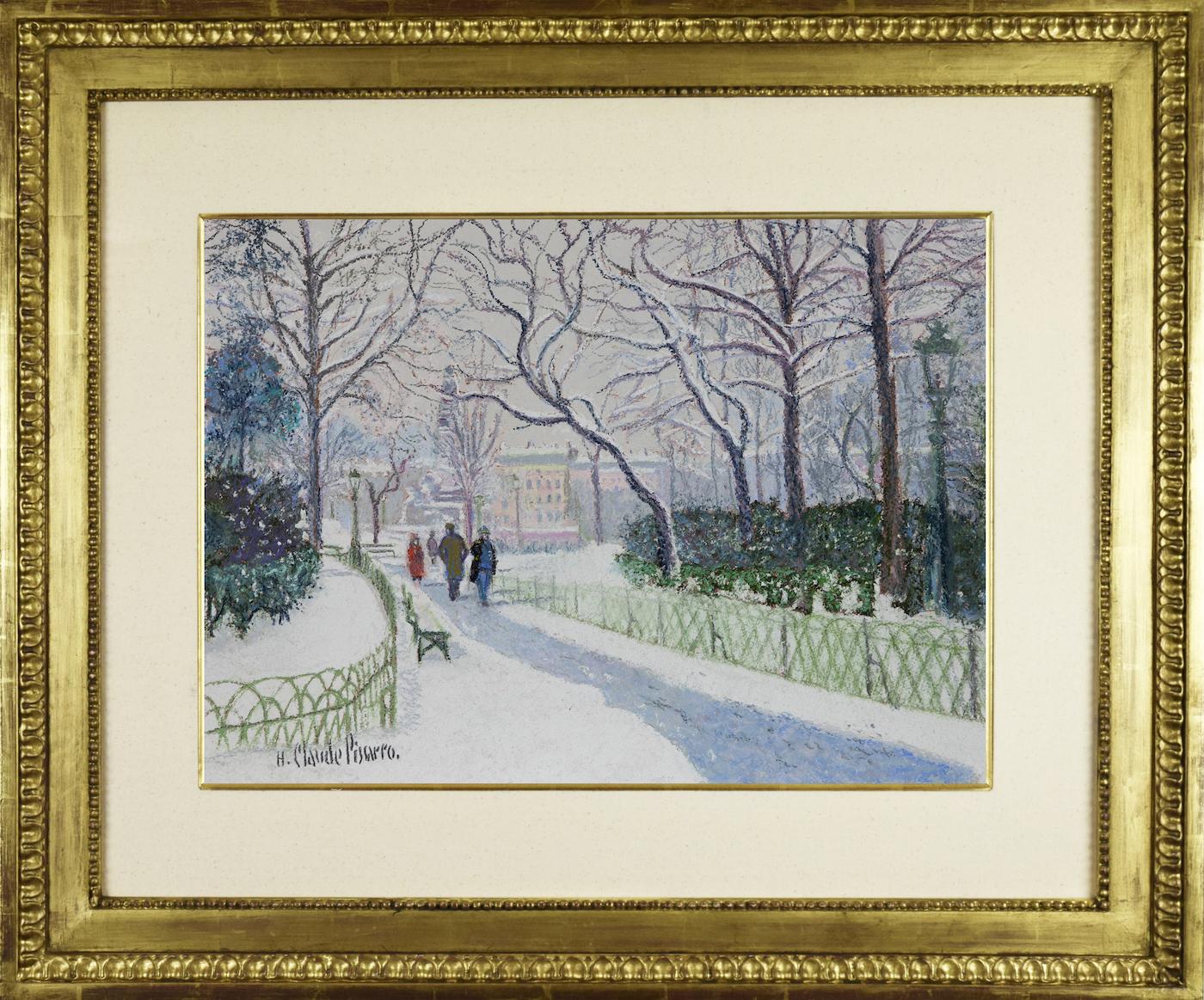 La Place Carnot Sous la Neige (Lyon) par H. Claude Pissarro - Peinture de scène de neige - Painting de Hughes Claude Pissarro