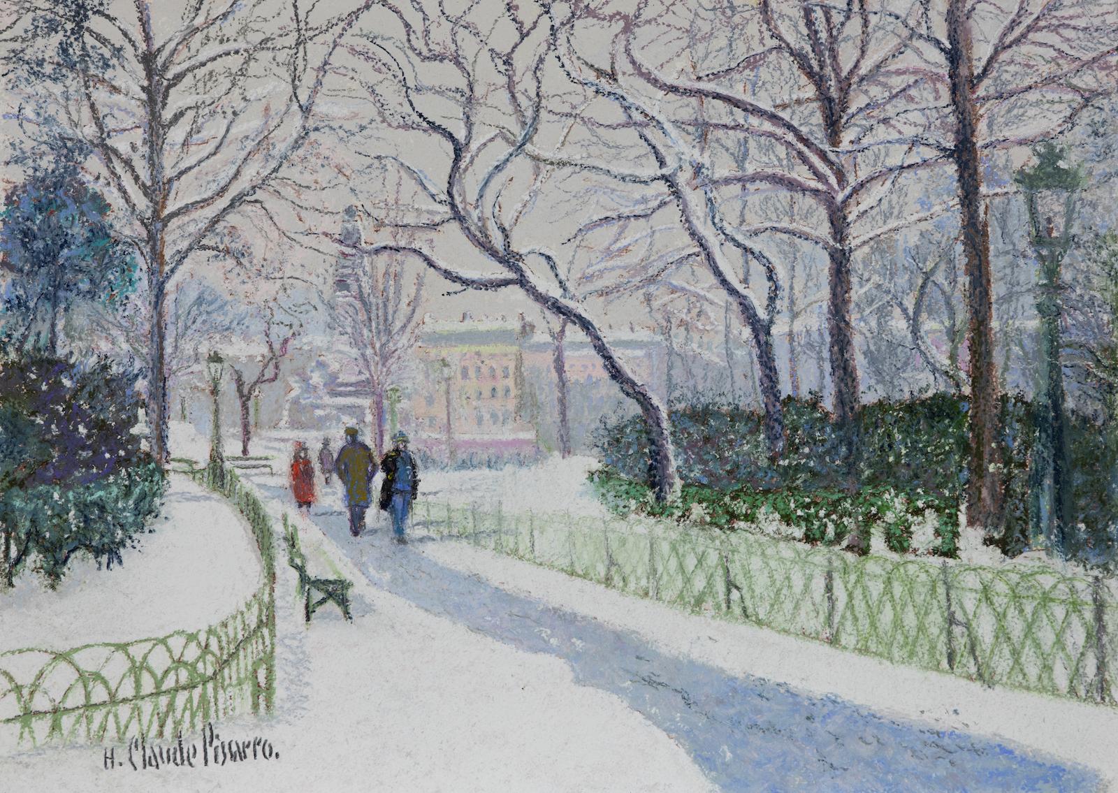 Figurative Painting Hughes Claude Pissarro - La Place Carnot Sous la Neige (Lyon) par H. Claude Pissarro - Peinture de scène de neige