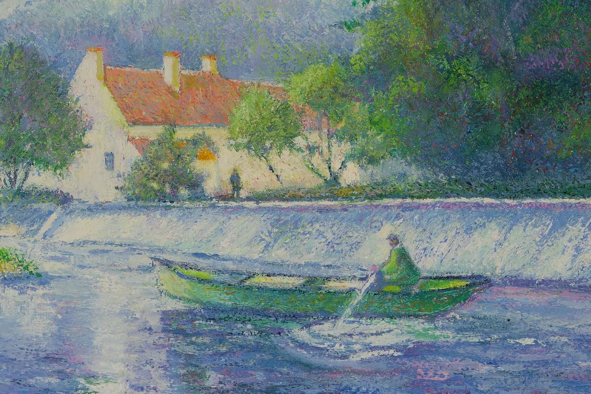 Le Père Heudiard en Barque au Barrage du Vey von H. Claude Pissarro- Flussszene – Painting von Hughes Claude Pissarro