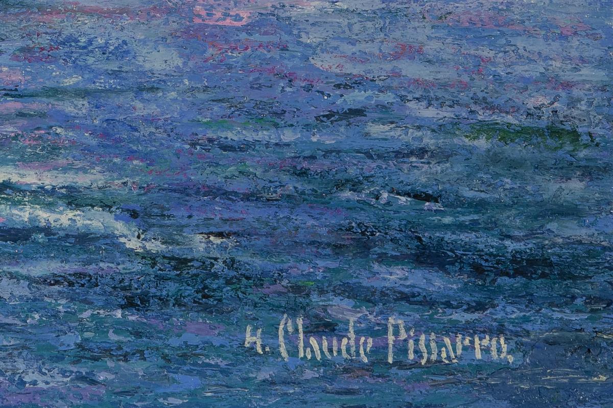 Le Père Heudiard en Barque au Barrage du Vey par H. Claude Pissarro- Scène fluviale - Gris Landscape Painting par Hughes Claude Pissarro