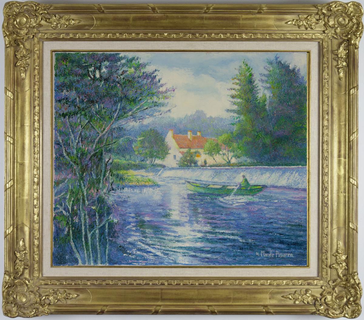 Le Père Heudiard en Barque au Barrage du Vey by H. Claude Pissarro- River scene For Sale 1