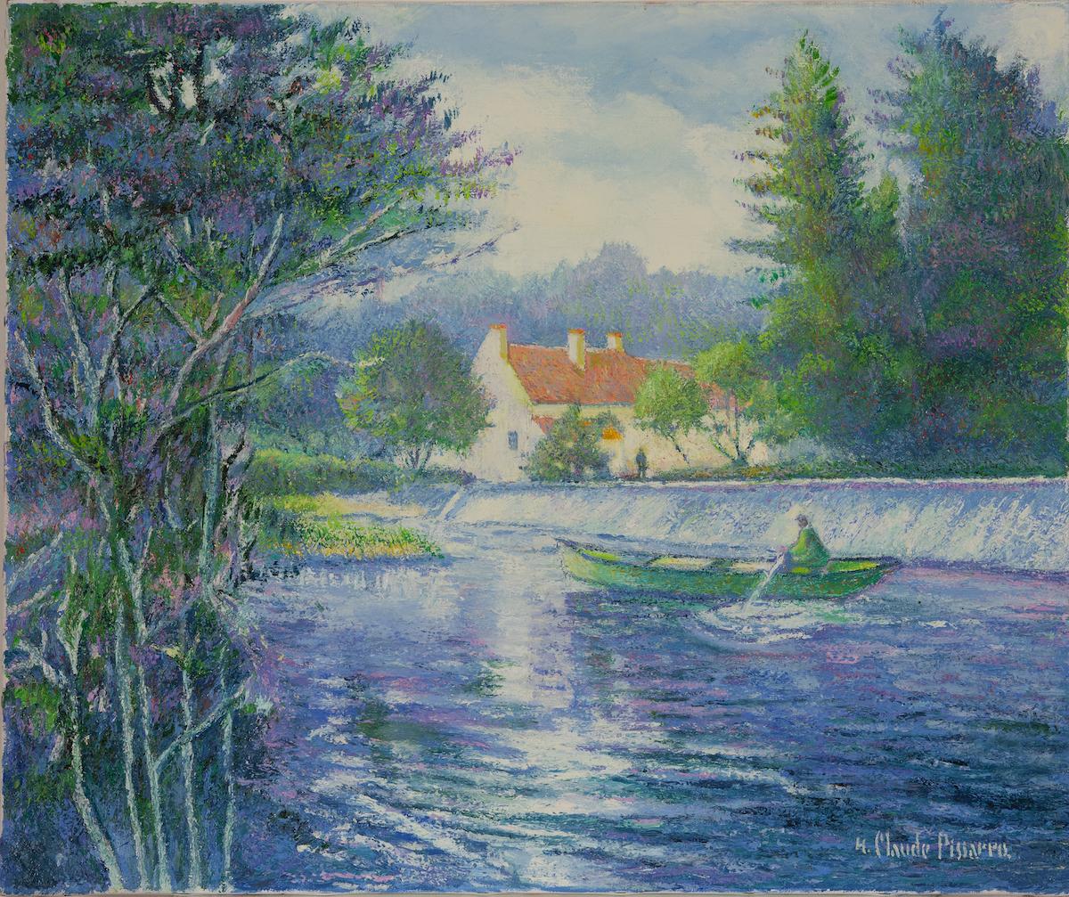 Hughes Claude Pissarro Landscape Painting - Le Père Heudiard en Barque au Barrage du Vey by H. Claude Pissarro- River scene
