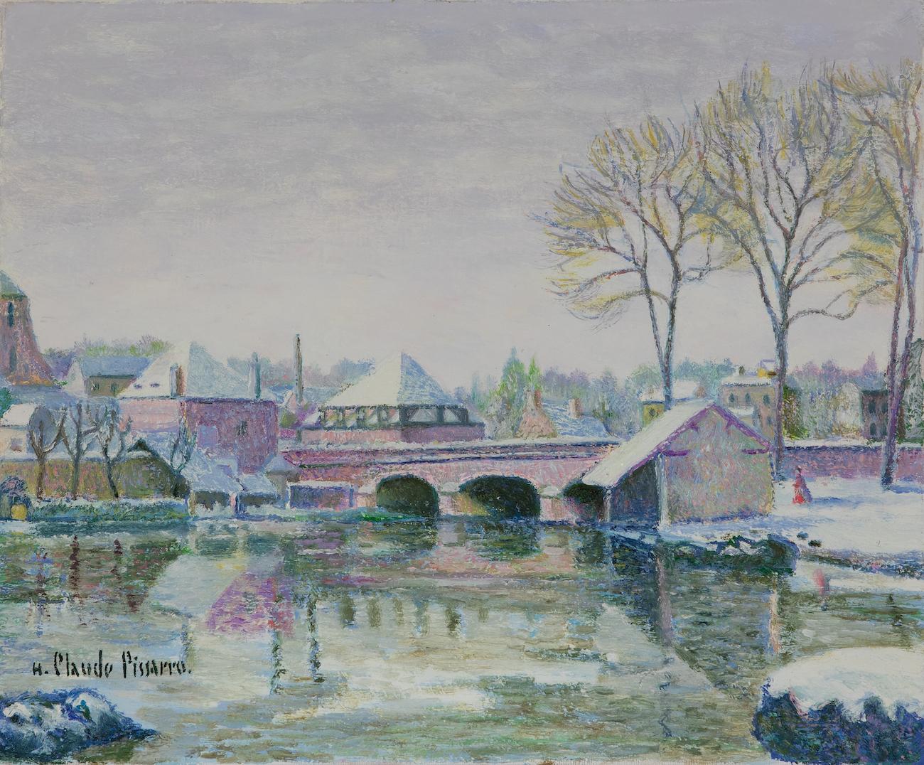 Hughes Claude Pissarro Figurative Painting - Le Pont Rose sous la Neige - Châteaudun by H. Claude Pissarro - Oil painting