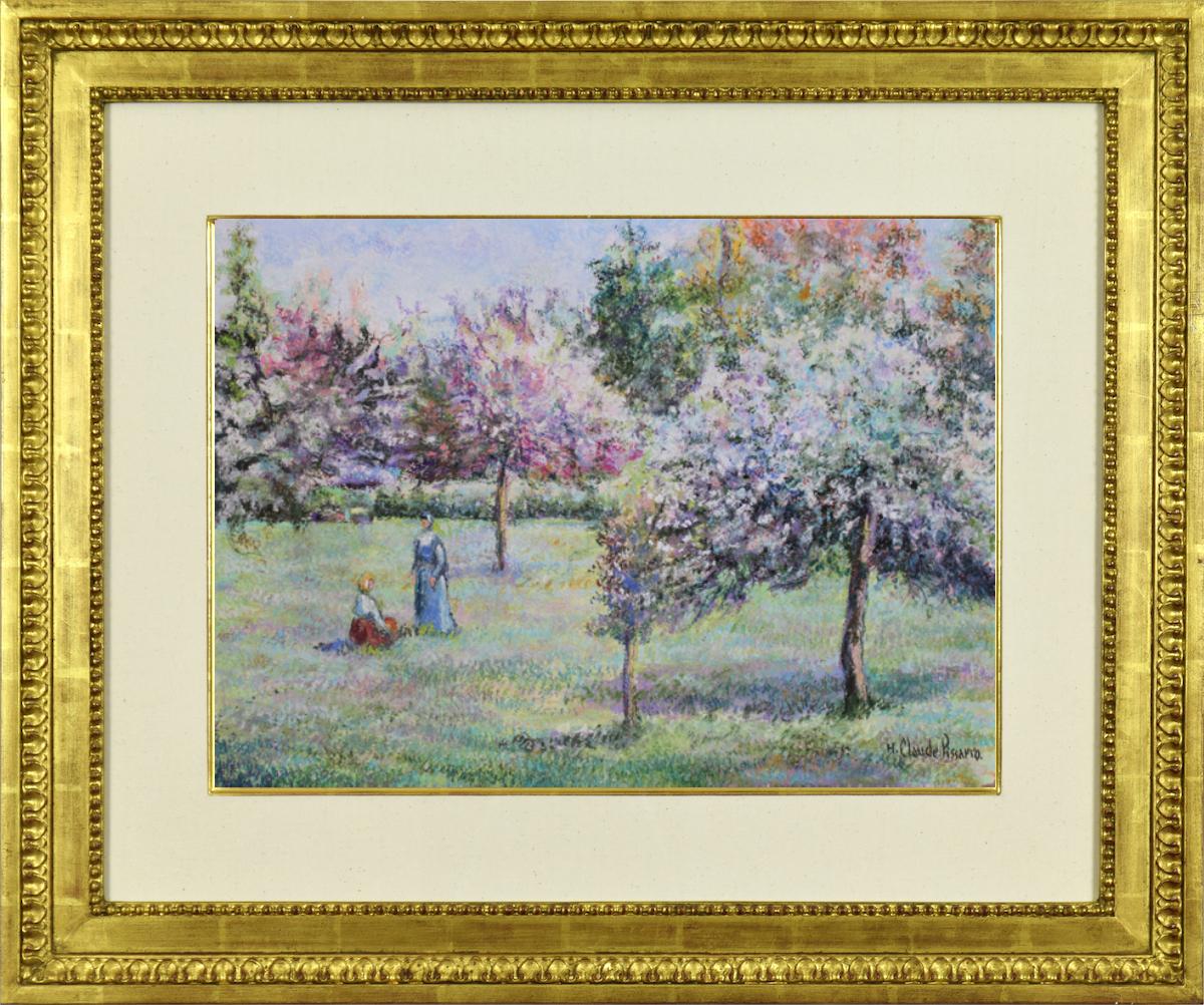 Le Verger by H. Claude Pissarro - Post-Impressionist style pastel on paper  - Painting by Hughes Claude Pissarro