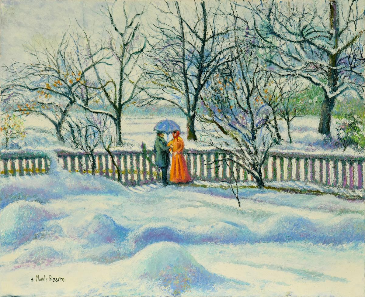 Figurative Painting Hughes Claude Pissarro - Neige au Manoir de Miettes (Le Parapluie Bleu) de H. Claude Pissarro
