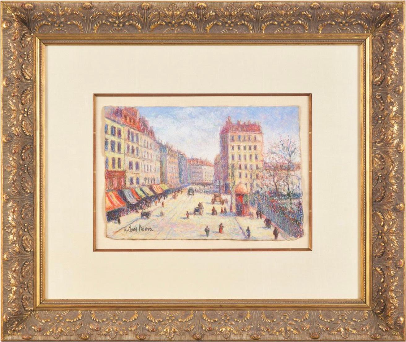 Landscape Painting de Hughes Claude Pissarro - "Escena callejera invernal de París" Pastel francés del siglo XX sobre papel