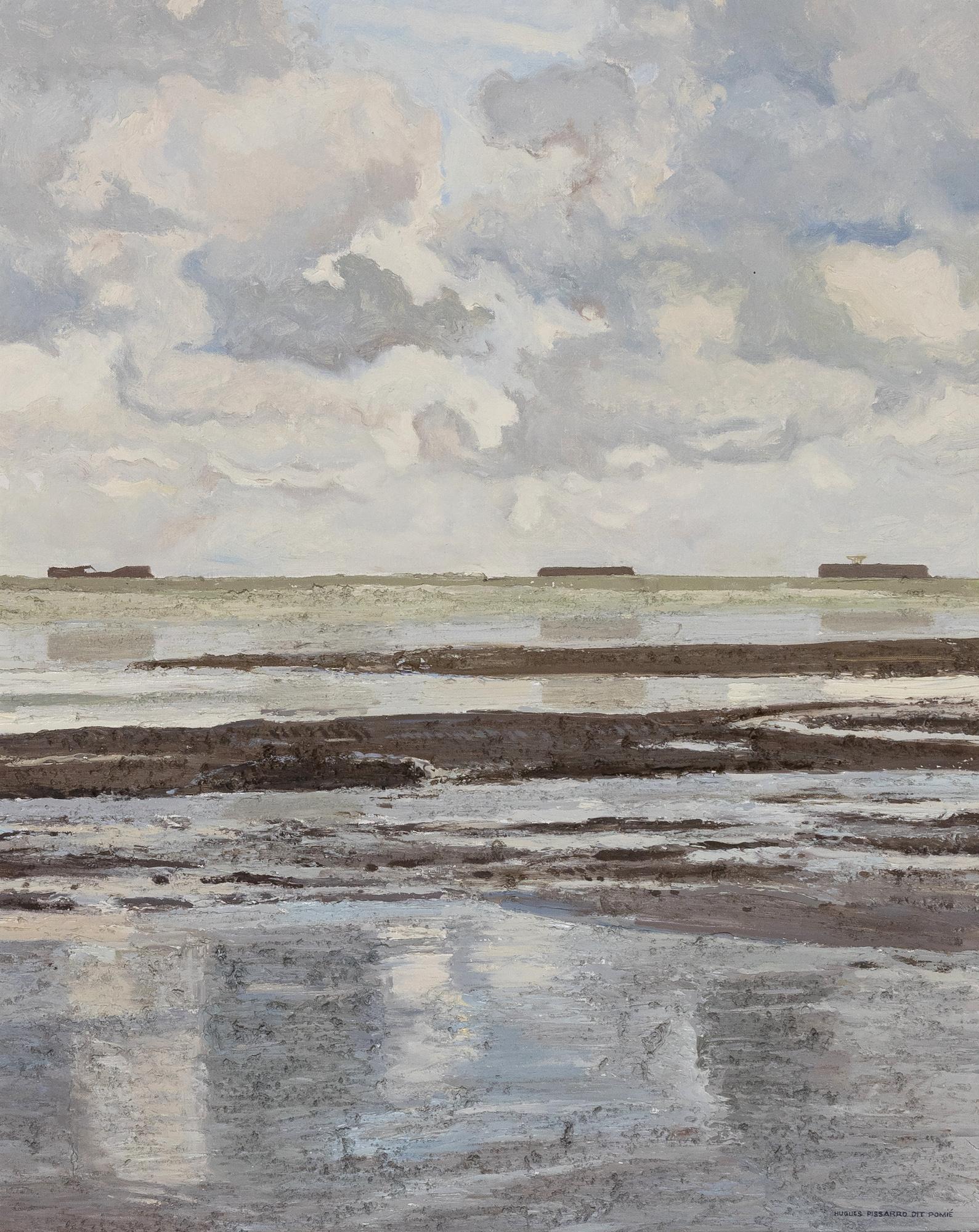 Landscape Painting Hughes Claude Pissarro - Petite Marine Grise par Hugues Pissarro dit Pomié - Peinture à l'huile, Paysage
