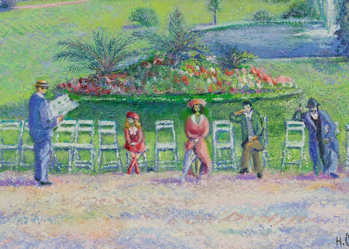 Sieste au Jardin Public by H. Claude Pissarro - Park scene, oil painting - Post-Impressionist Painting by Hughes Claude Pissarro