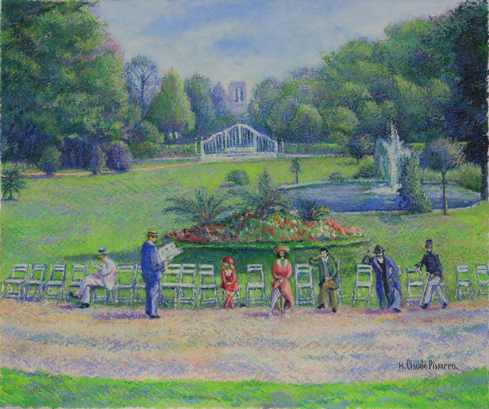 Hughes Claude Pissarro Figurative Painting - Sieste au Jardin Public by H. Claude Pissarro - Park scene, oil painting
