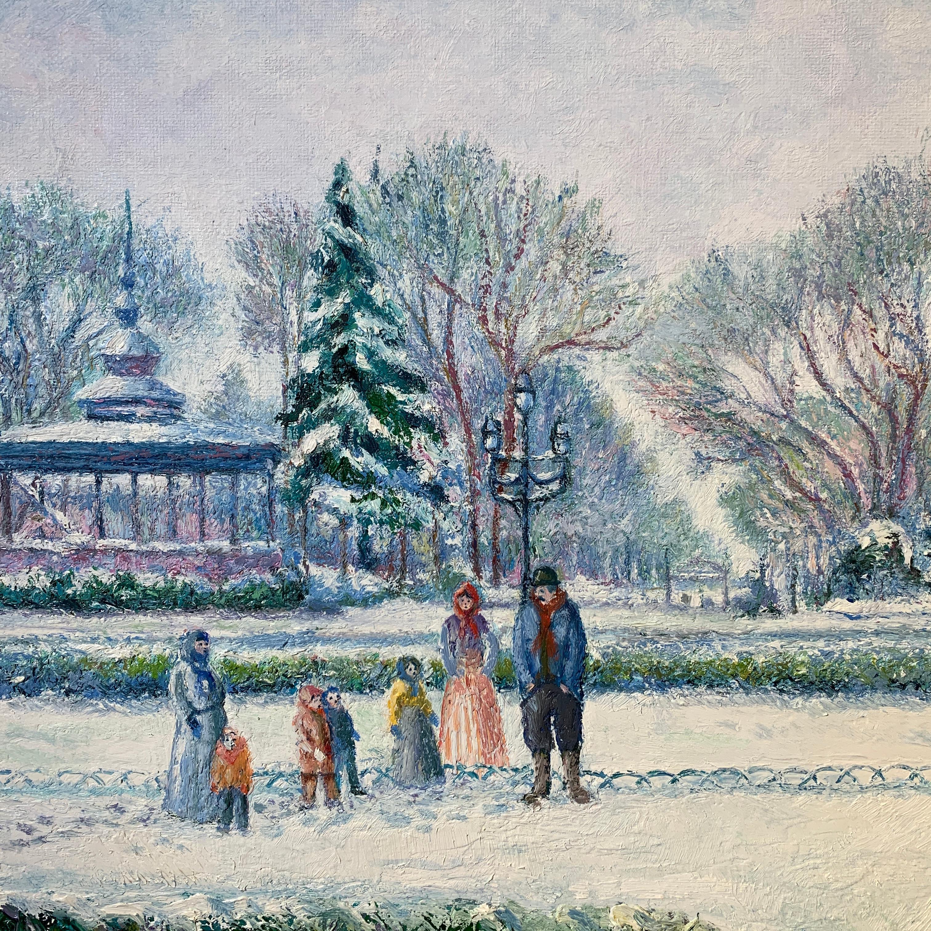 Quadro con paesaggio innevato intitolato Le Kiosque Joudon à Toulouse di H. Claude Pissarro - Landscape Painting Grigio di Hughes Claude Pissarro