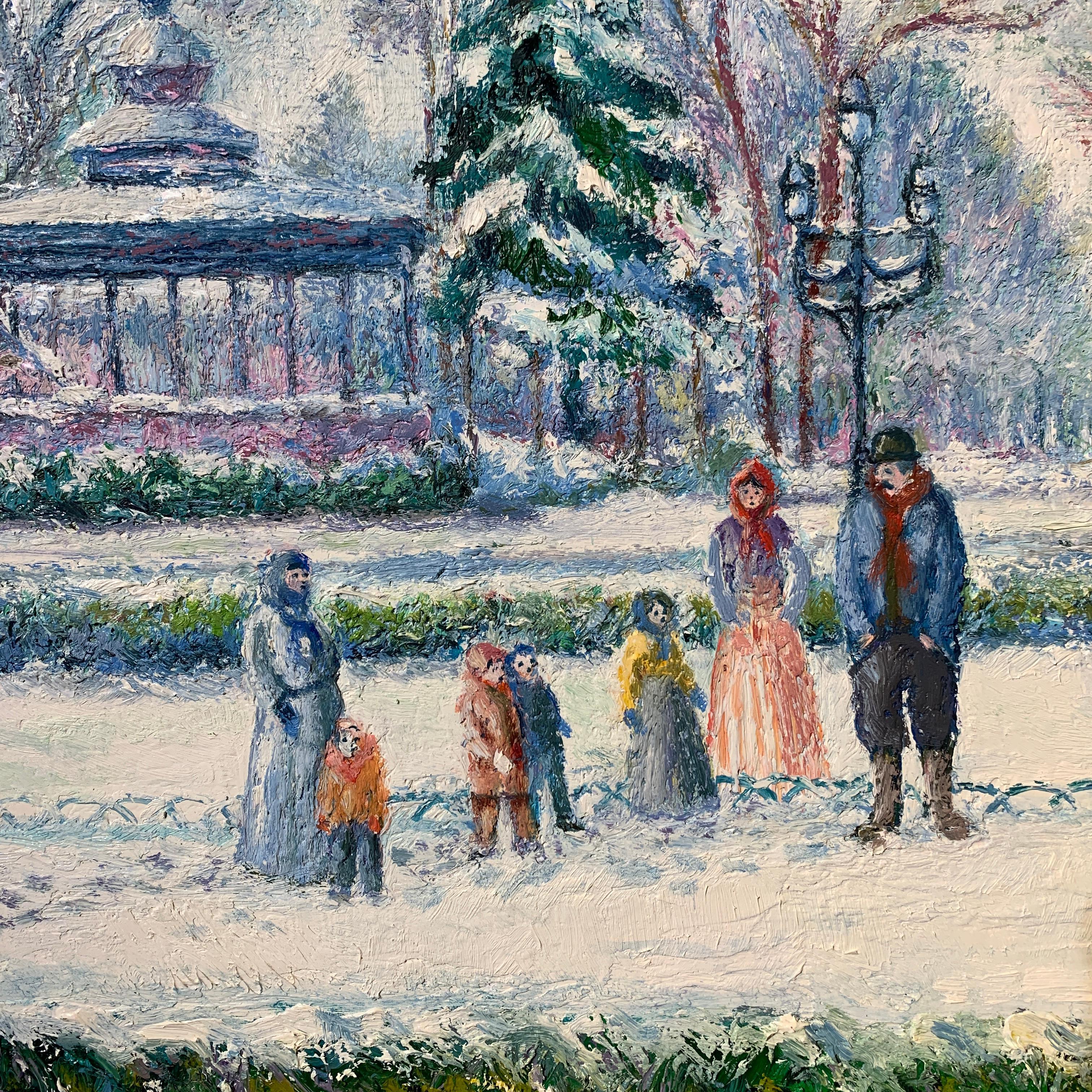 Snowscape painting titled Le Kiosque Joudon à Toulouse by H. Claude Pissarro - Post-Impressionist Painting by Hughes Claude Pissarro