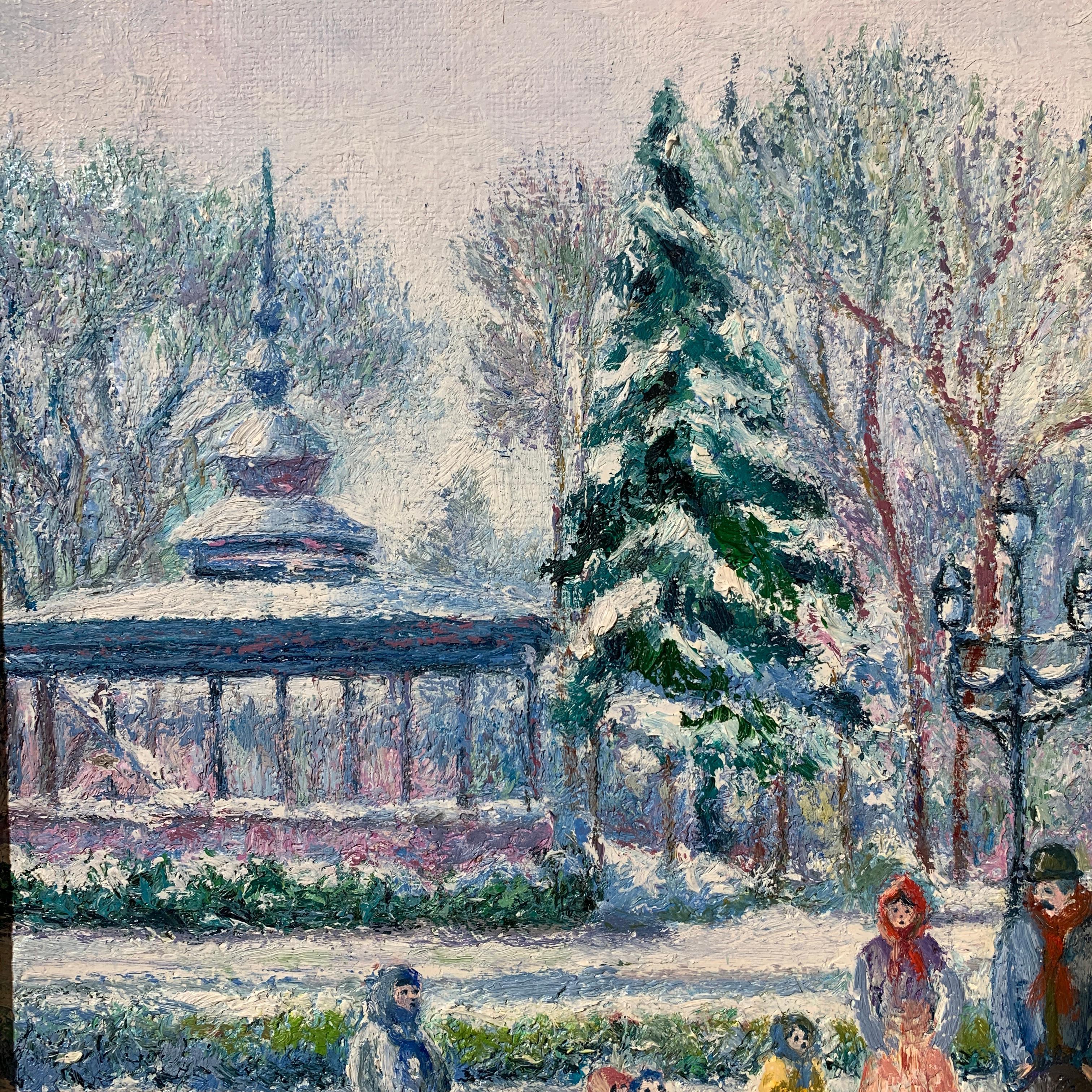 Snowscape painting titled Le Kiosque Joudon à Toulouse by H. Claude Pissarro - Gray Landscape Painting by Hughes Claude Pissarro