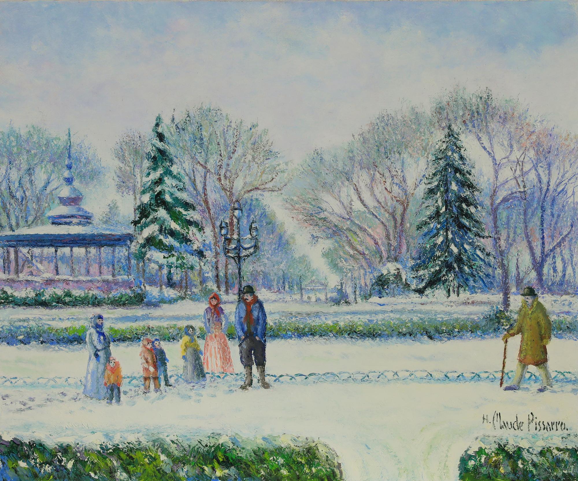 Landscape Painting Hughes Claude Pissarro - Tableau de paysage de neige intitulé Le Kiosque Joudon à Toulouse par H. Claude Pissarro
