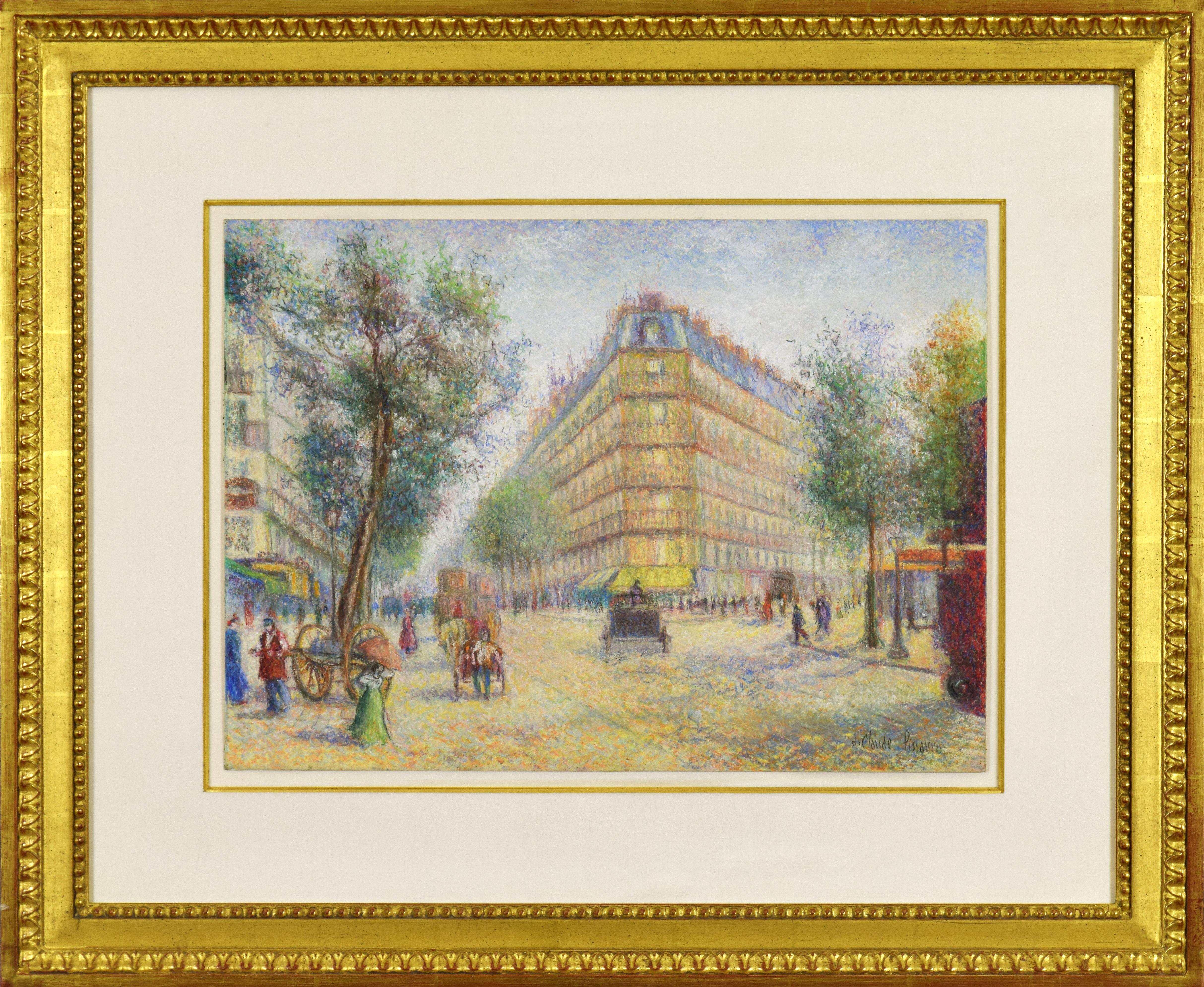 Vue des Grands Boulevards a Paris by H. Claude Pissarro - pastel on paper - Painting by Hughes Claude Pissarro