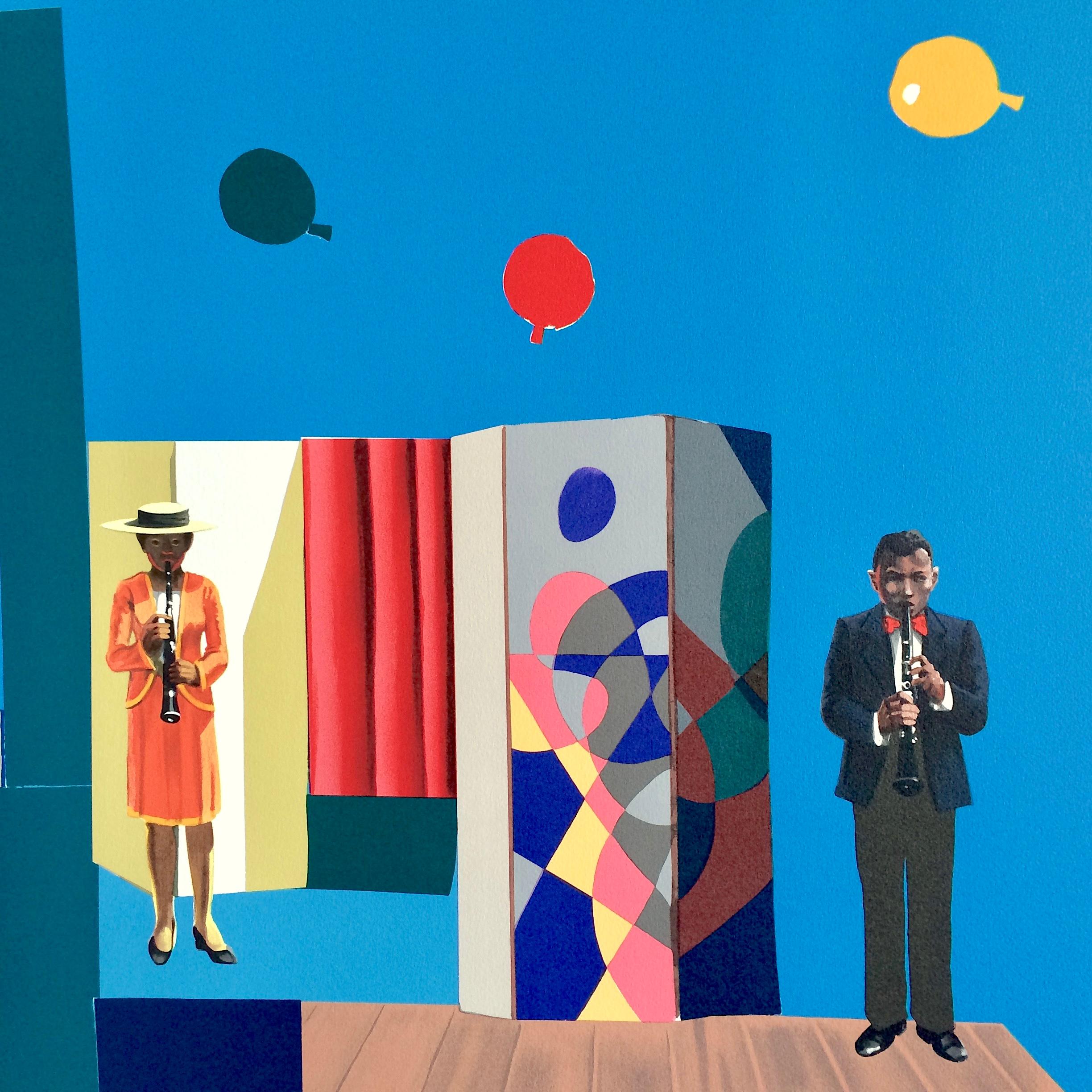 FUGUE Signed Lithograph, Figurative Collage, Musicians, Girls, Balloons - Print Contemporaneo di Hughie Lee-Smith