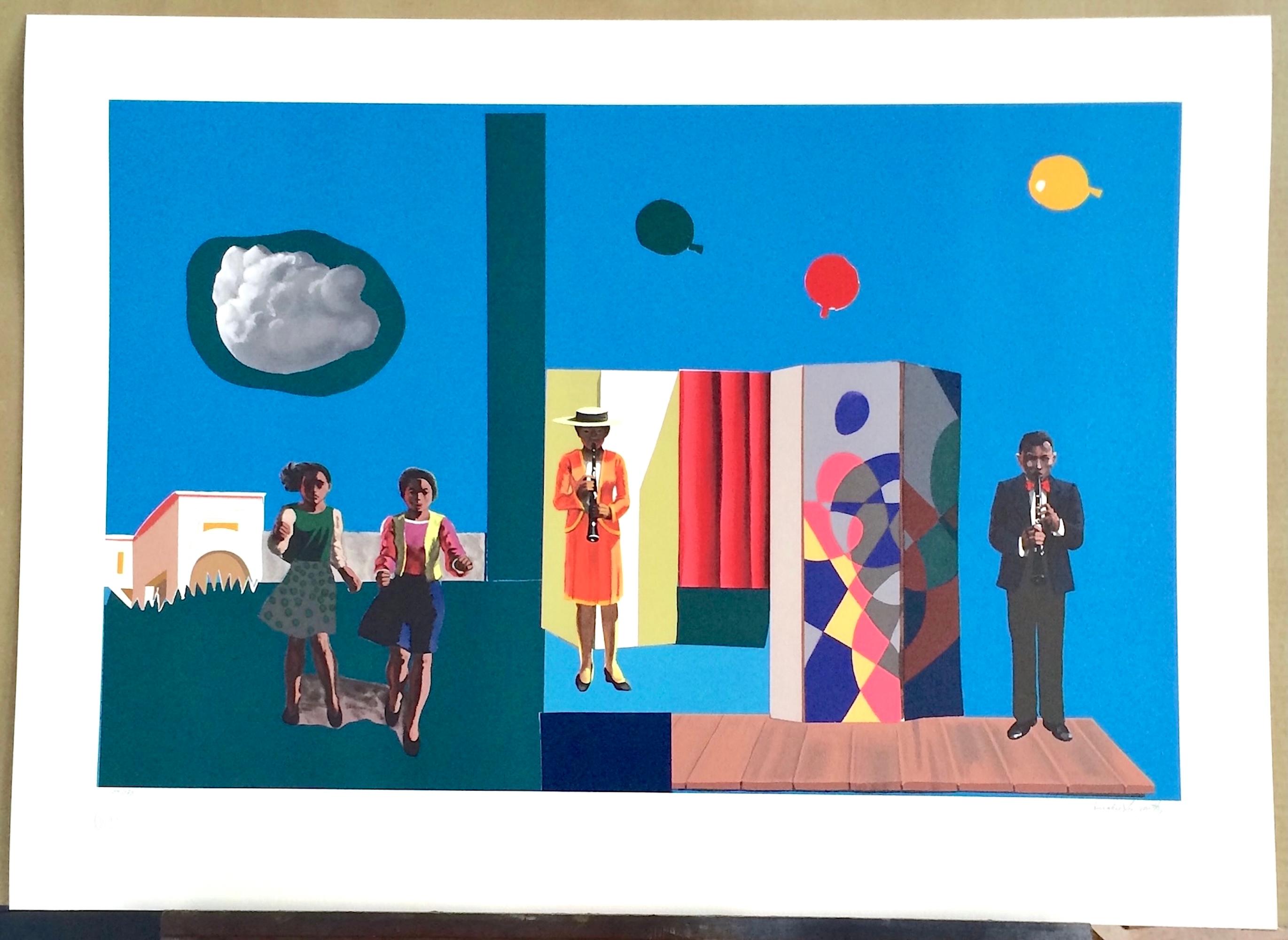 FUGUE Signed Lithograph, Figurative Collage, Musicians, Girls, Balloons im Angebot 4