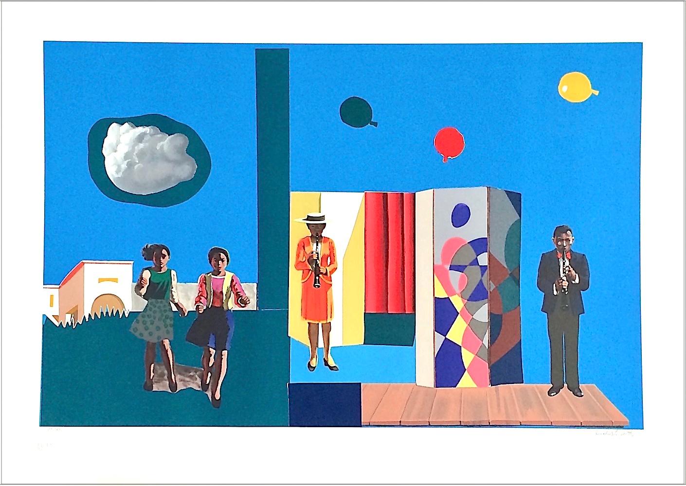 FUGUE Signed Lithograph, Figurative Collage, Musicians, Girls, Balloons - Contemporary Print by Hughie Lee-Smith
