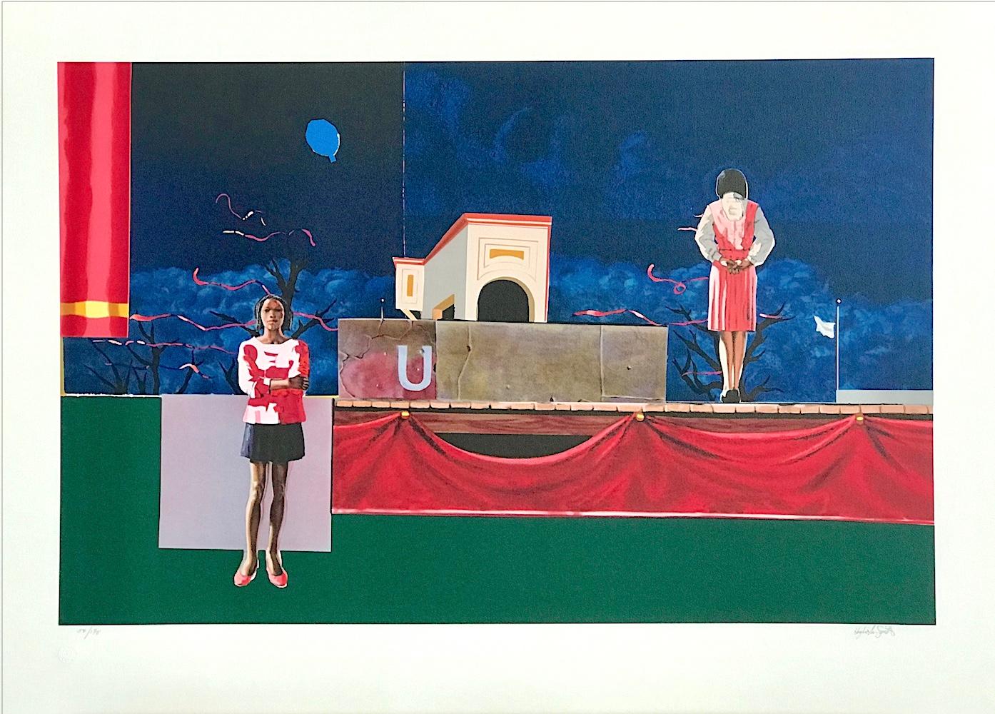 NOCTURNE Signed Lithograph, Black Women Theater Stage Night Sky Balloon Ribbons - Contemporary Print by Hughie Lee-Smith