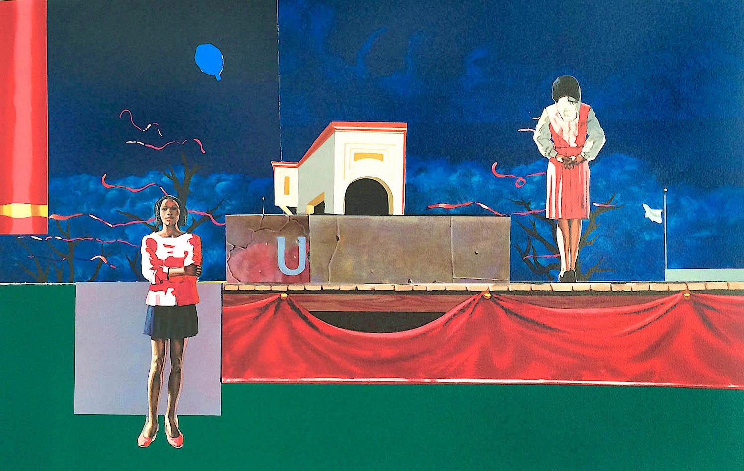 NOCTURNE Signed Lithograph, Black Women Theater Stage Night Sky Balloon Ribbons
