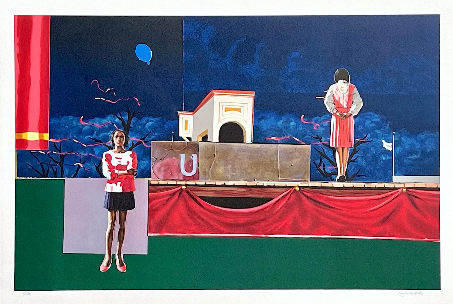 Figurative Print Hughie Lee-Smith - NOCTURNE Signed Lithograph, Black Women Theater Stage Night Sky Balloon Ribbons