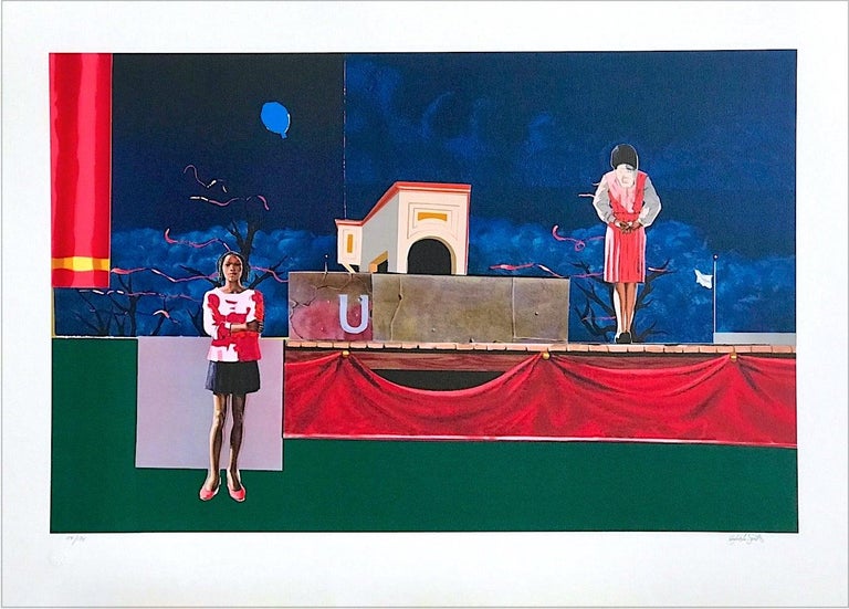 Hughie Lee-Smith Figurative Print - NOCTURNE Signed Lithograph Black Women Theater Stage Dark Blue Night Sky Balloon