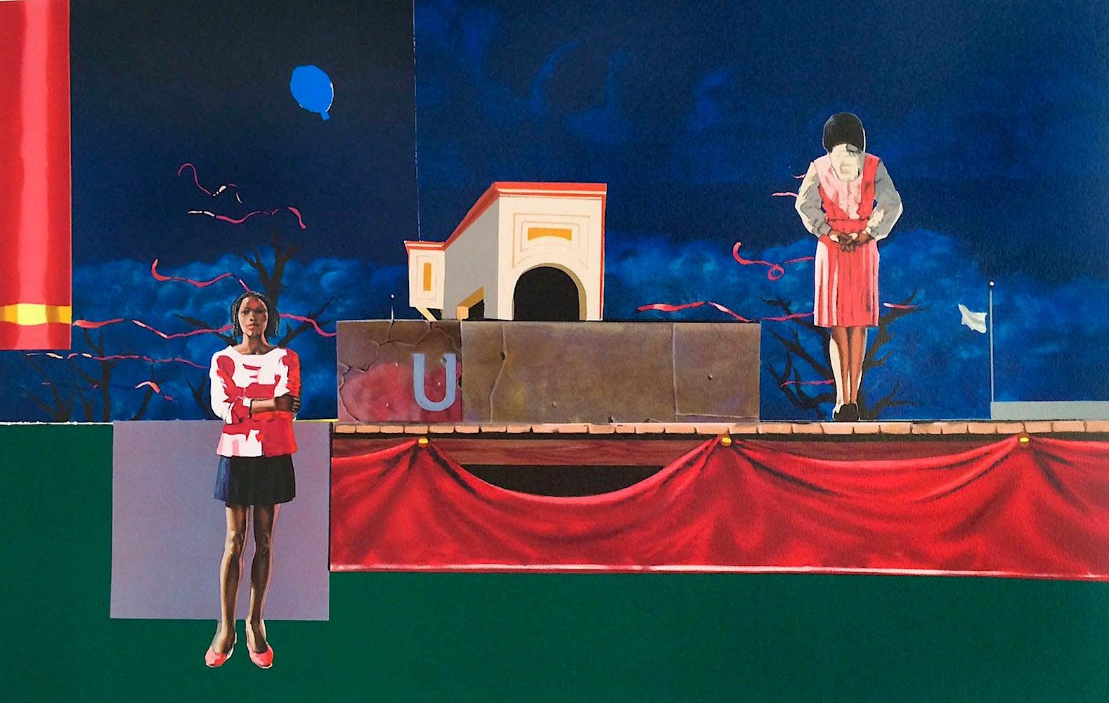 NOCTURNE Signed Lithograph Black Women Theater Stage Dark Blue Night Sky Balloon - Print by Hughie Lee-Smith
