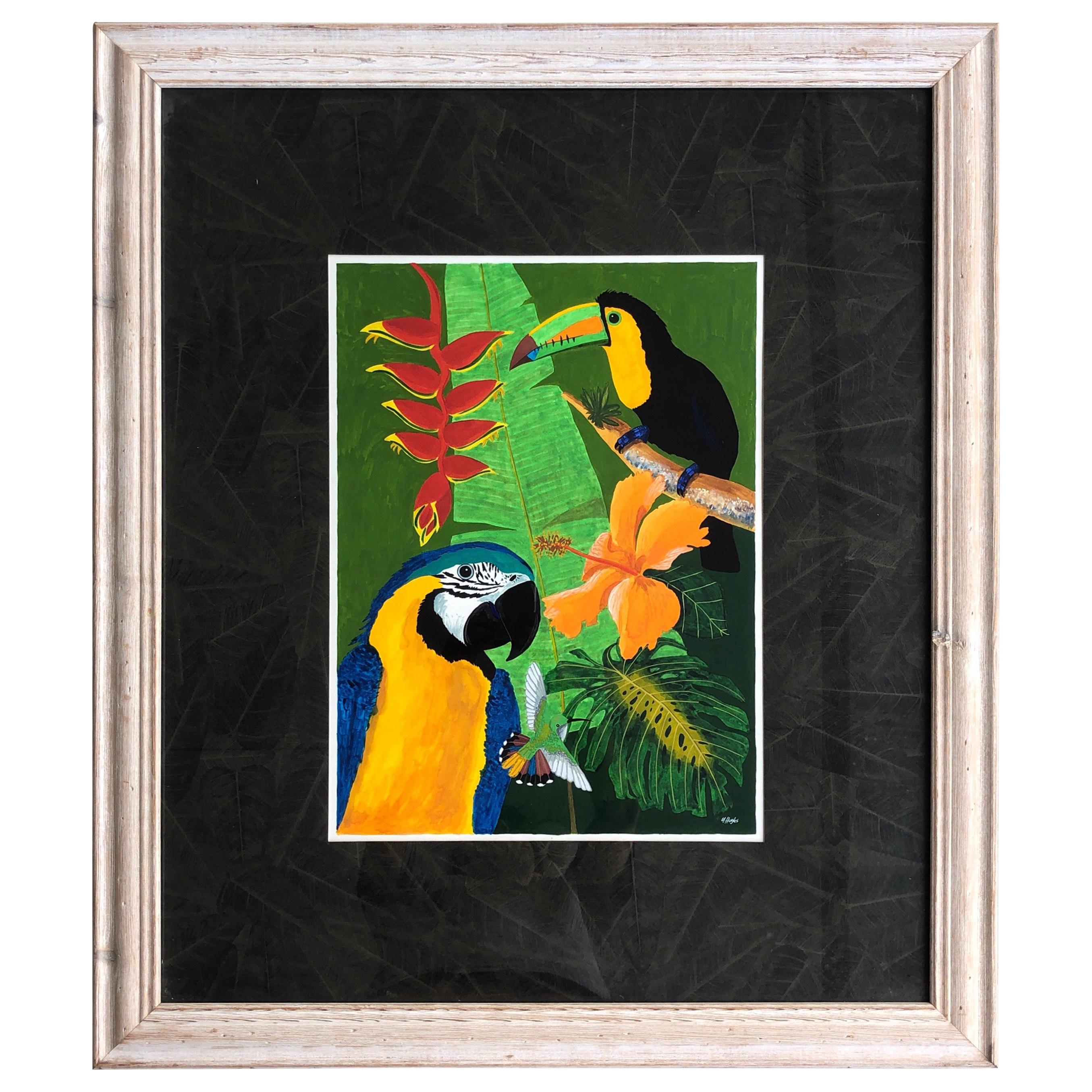 Hughs Tropical Modern Painting of Parrot Birds and Flowers