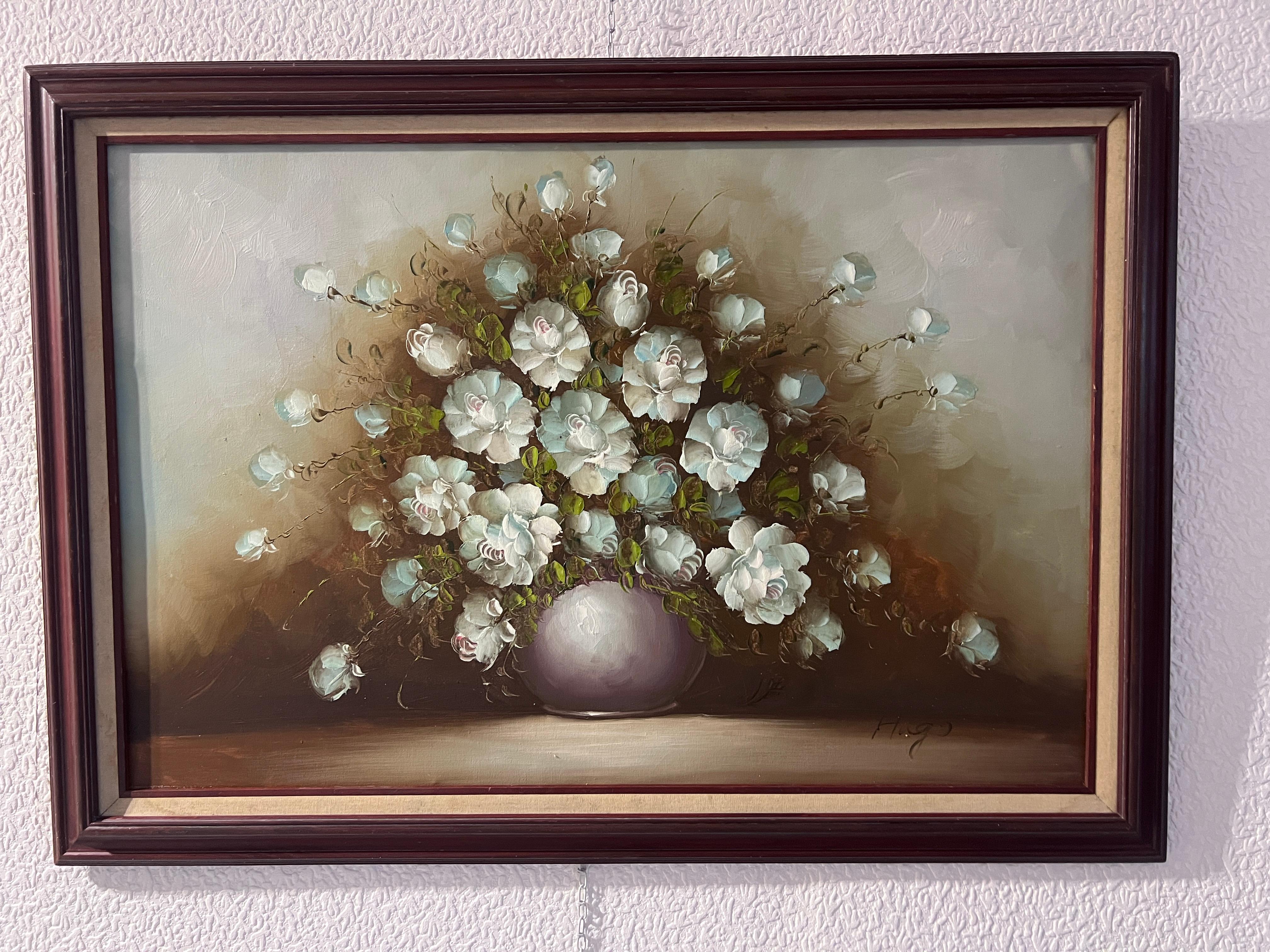 Artista Hugo Grande pittura ad olio su tela Natura morta, Fiori, Incorniciata 1