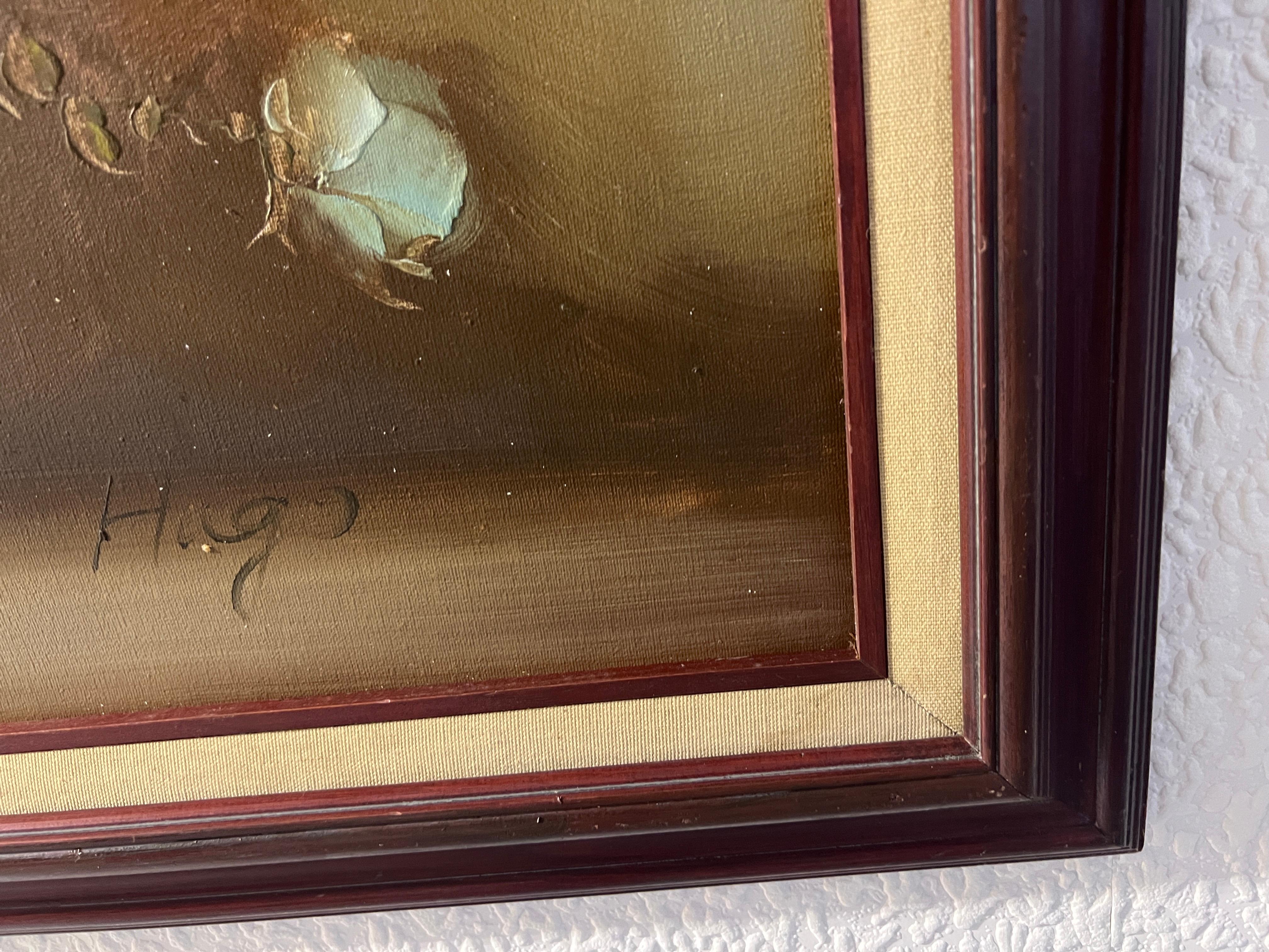 Artista Hugo Grande pittura ad olio su tela Natura morta, Fiori, Incorniciata 5