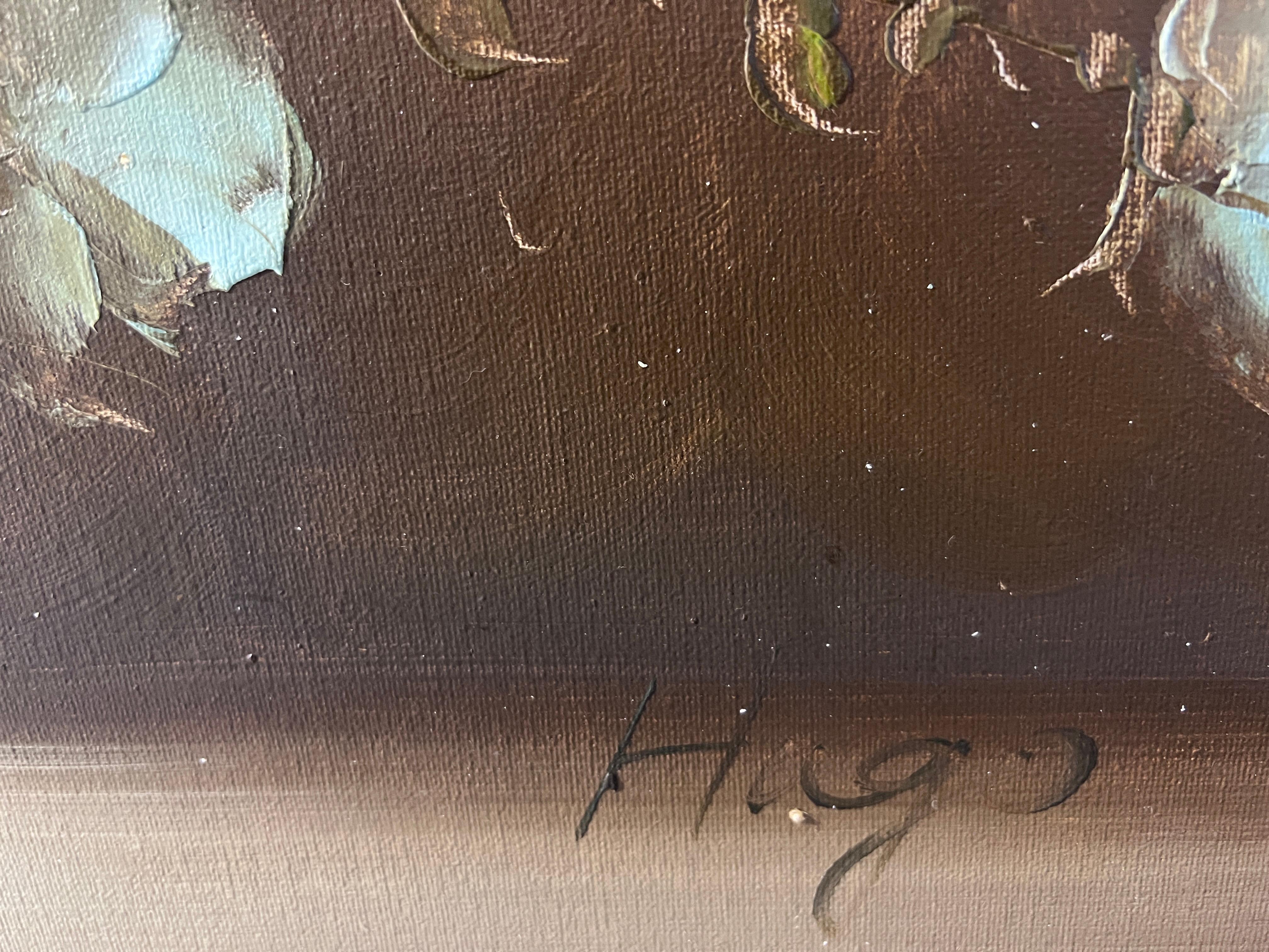 Artista Hugo Grande pittura ad olio su tela Natura morta, Fiori, Incorniciata 6