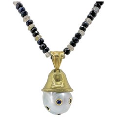 "Hugo" 16.5mm Silver Tahitian Pearl & Sapphire Fob in 18K Gold on Sapphire Chain