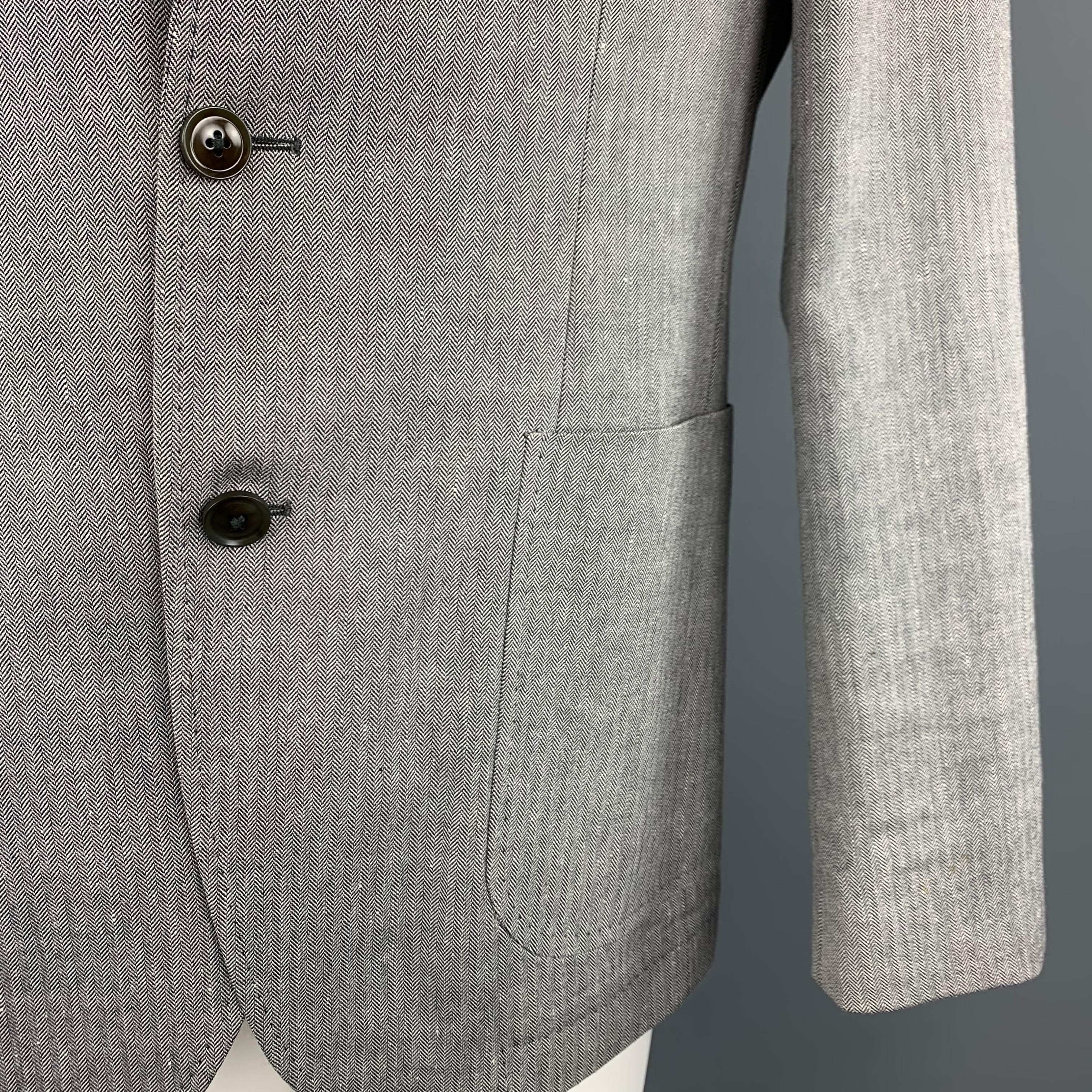 Gray HUGO BOSS 38 Regular Grey Herringbone Wool / Linen Notch Lapel Sport Coat