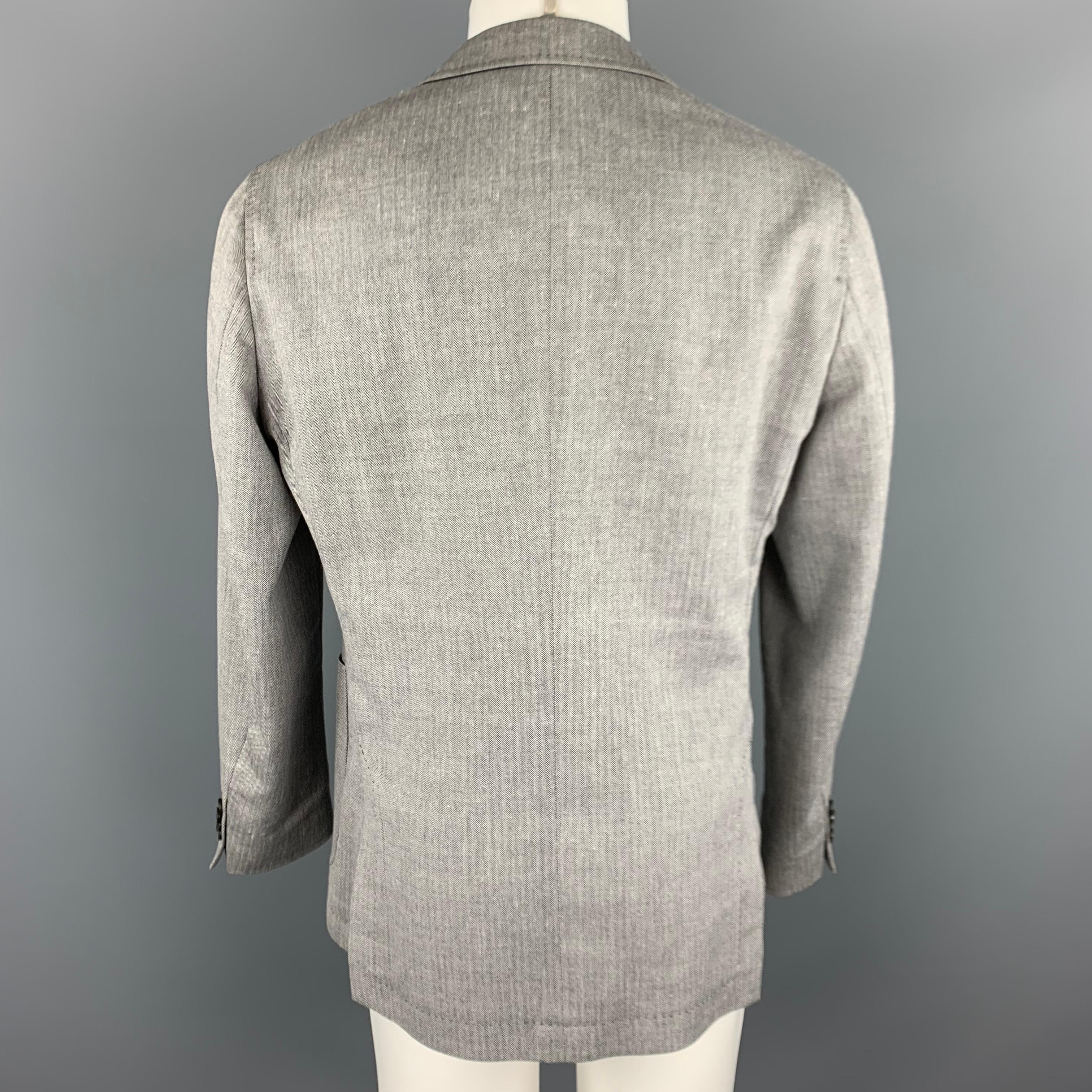 Men's HUGO BOSS 38 Regular Grey Herringbone Wool / Linen Notch Lapel Sport Coat