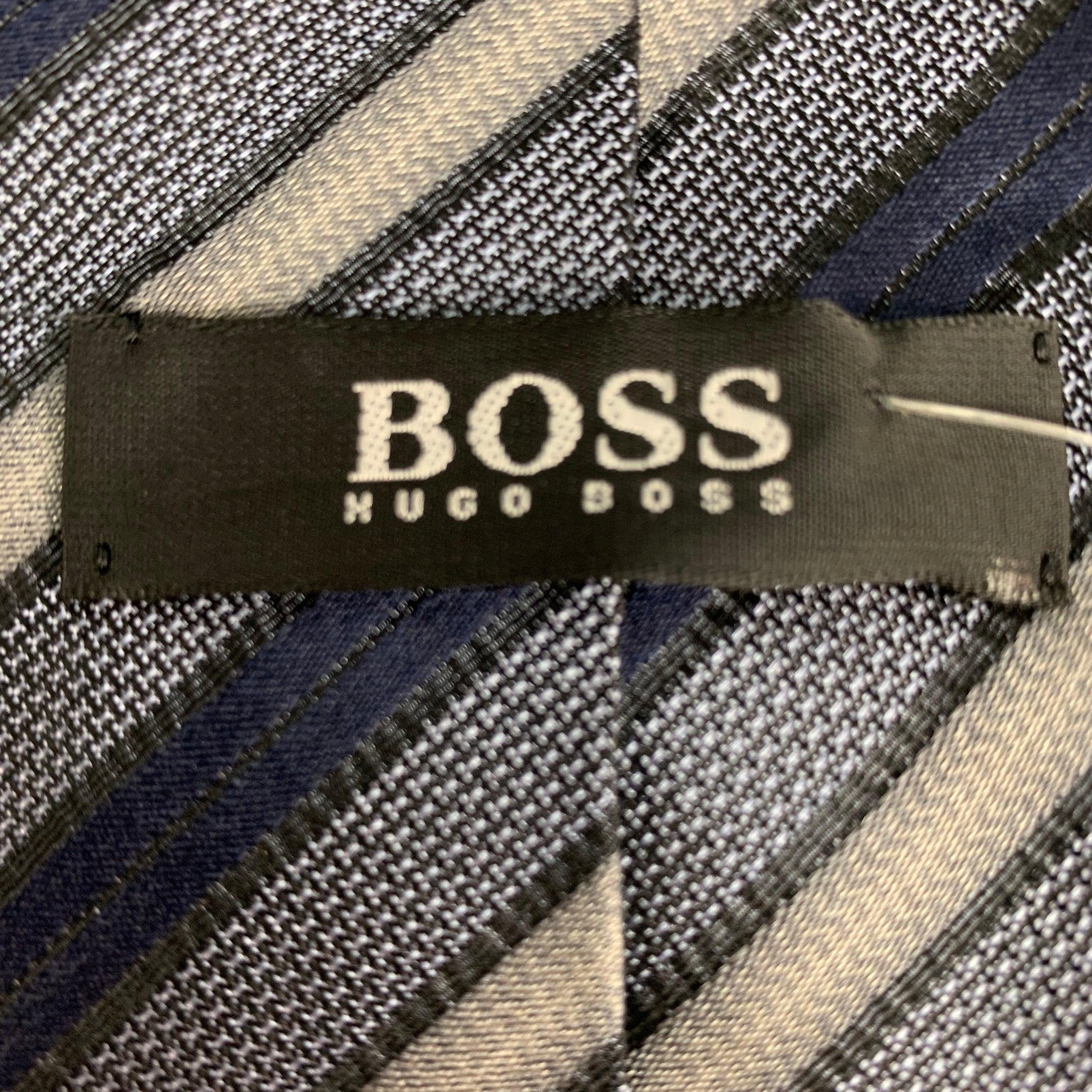HUGO BOSS Charcoal, Black and Dark Blue Strip Silk Tie For Sale 1