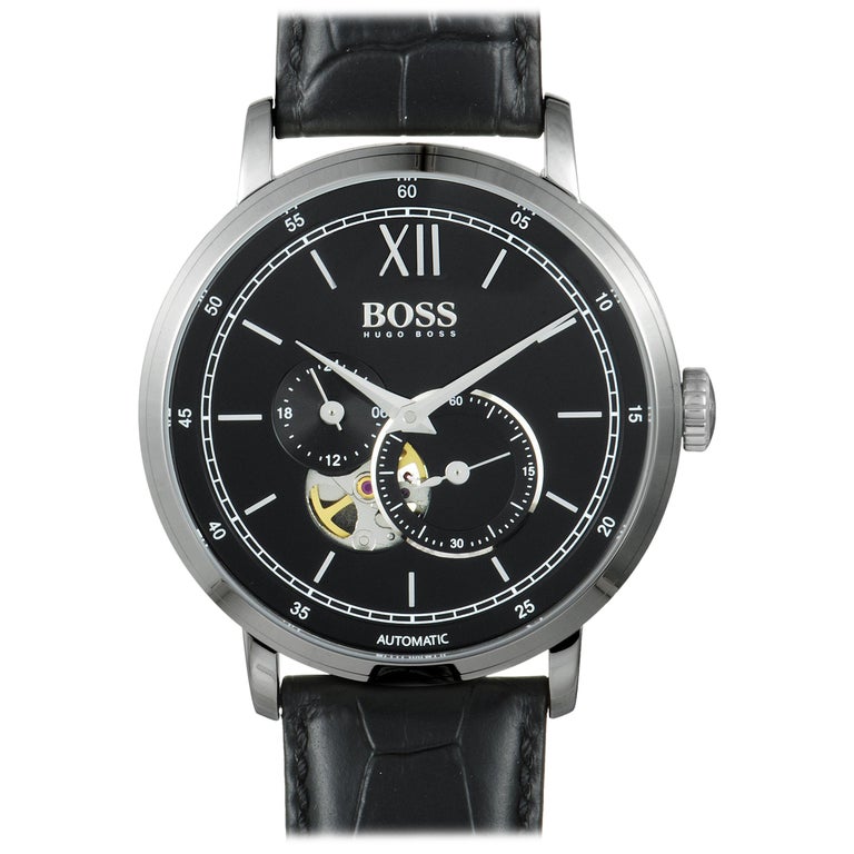 Hugo Boss Signature Men's Steel Visible Movement Watch Leather Band 1513504  at 1stDibs