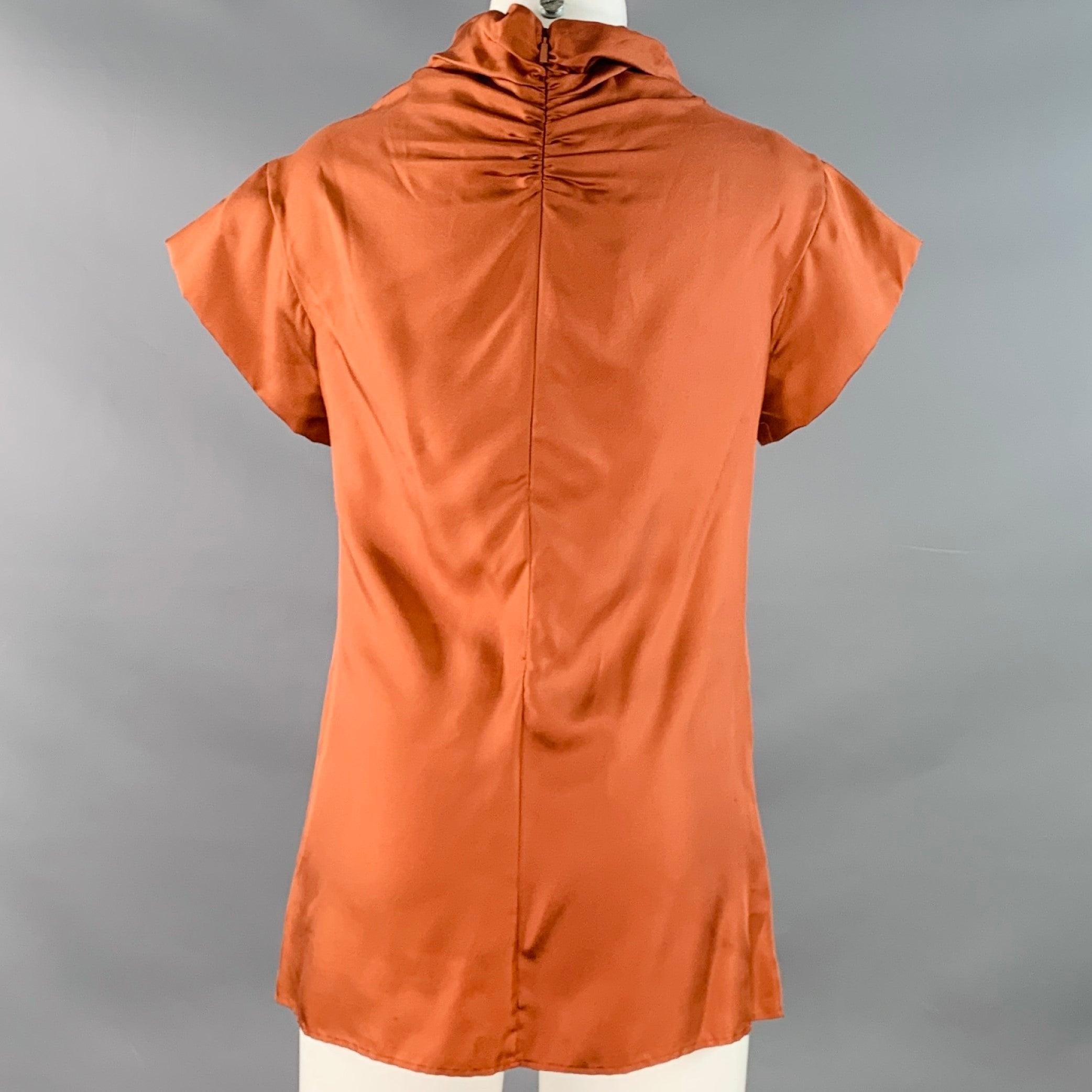 HUGO BOSS Talla 4 Blusa de seda marrón con volantes y manga corta Marrón en venta