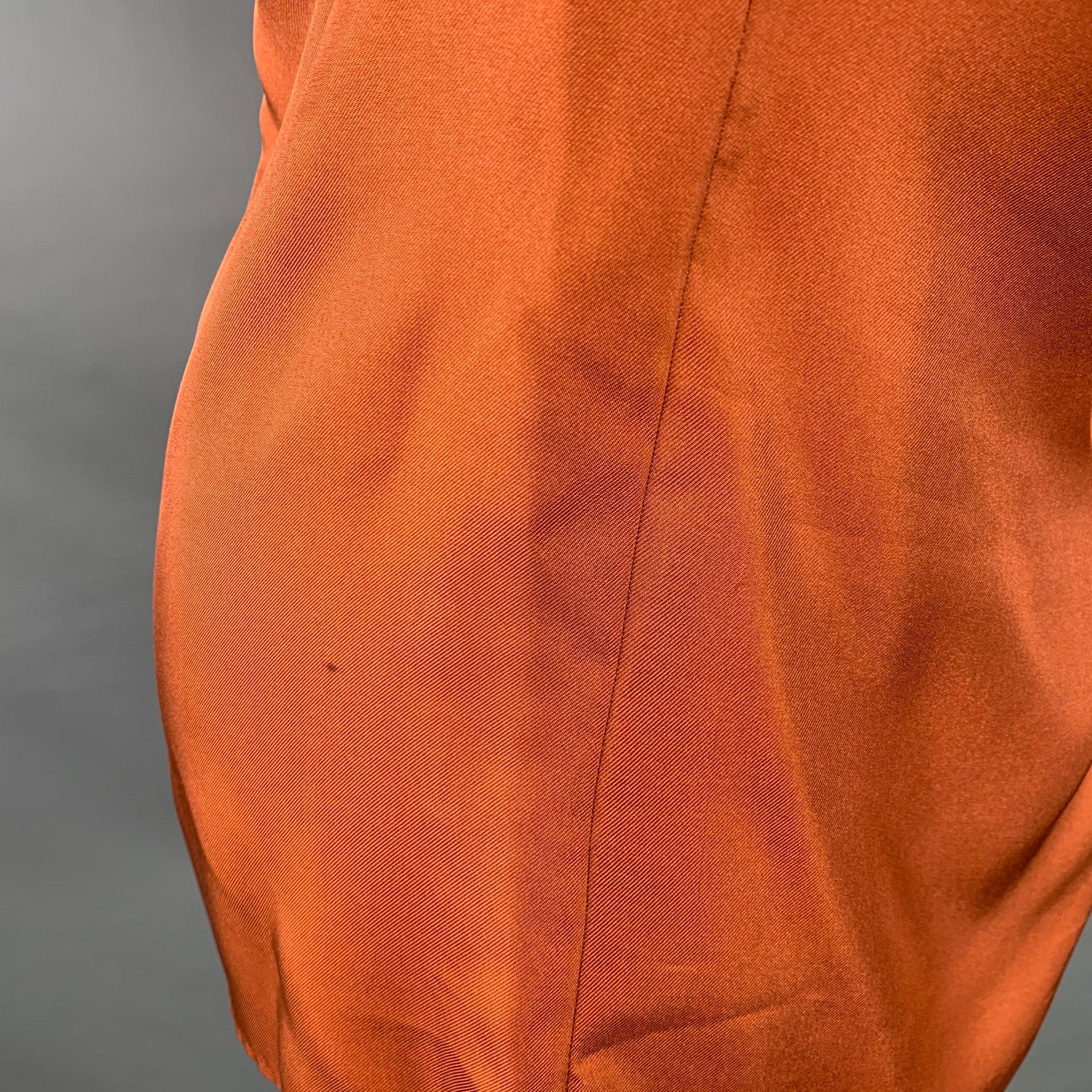HUGO BOSS Talla 4 Blusa de seda marrón con volantes y manga corta en venta 1