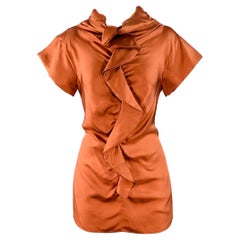 HUGO BOSS Talla 4 Blusa de seda marrón con volantes y manga corta