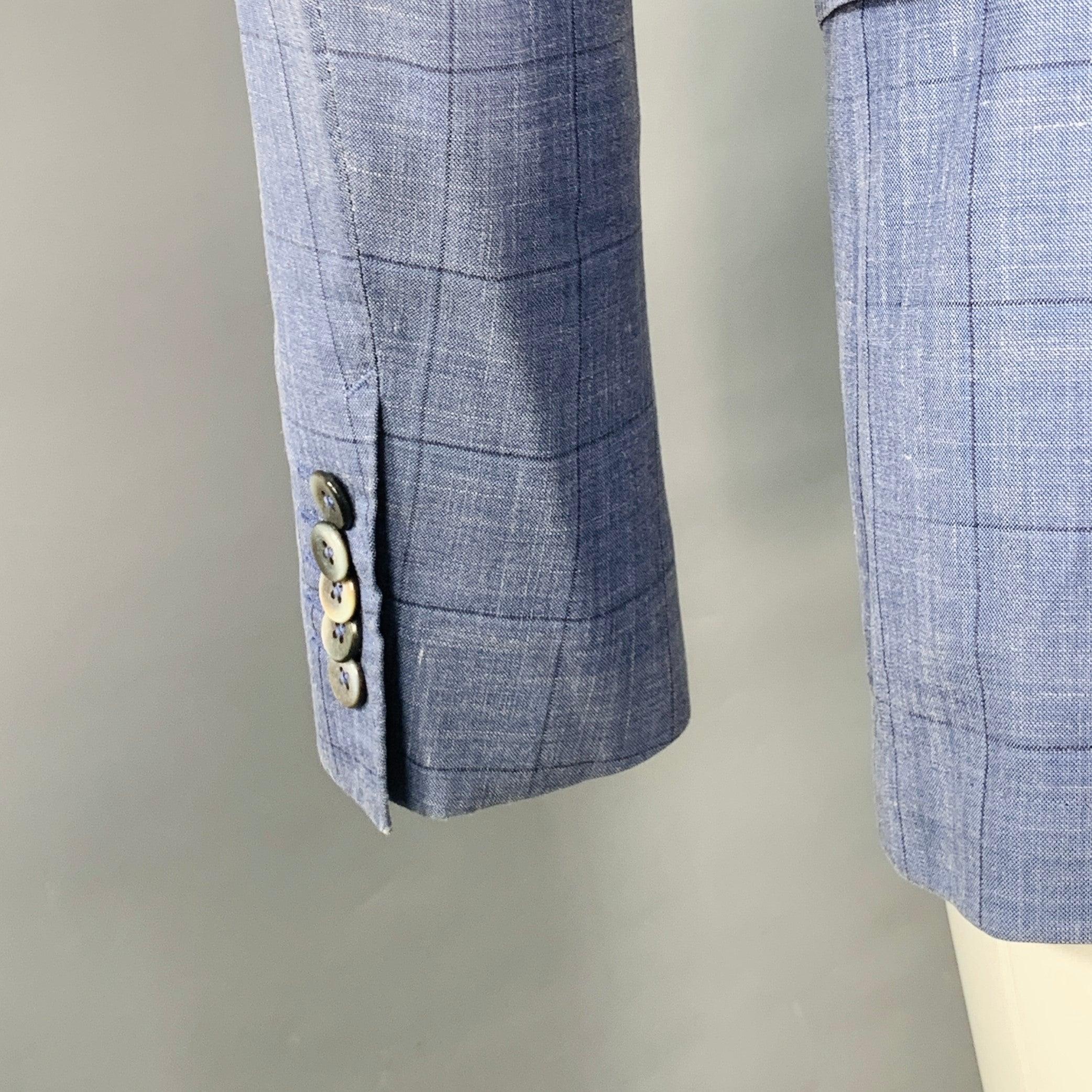 HUGO BOSS Size 40 Blue Black Window Pane Silk Linen Tailored Fit Sport Coat For Sale 1