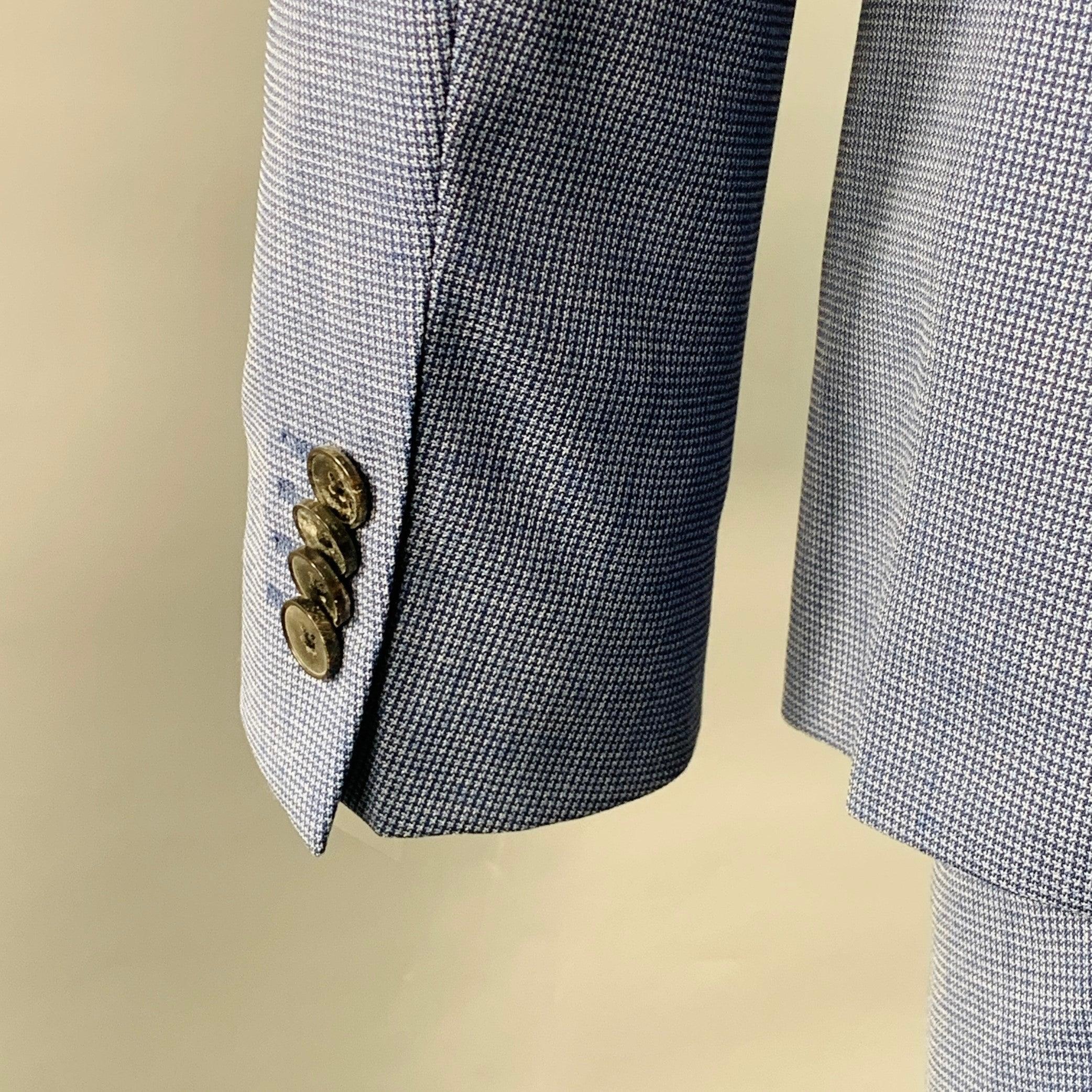 HUGO BOSS Größe 40 Blau Hahnentritt Schurwolle Einreiher mit Kerbrevers Anzug im Angebot 3