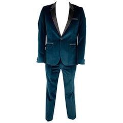 HUGO BOSS Size 40 Regular Teal Cotton Velvet Notch Lapel Tuxedo Suit