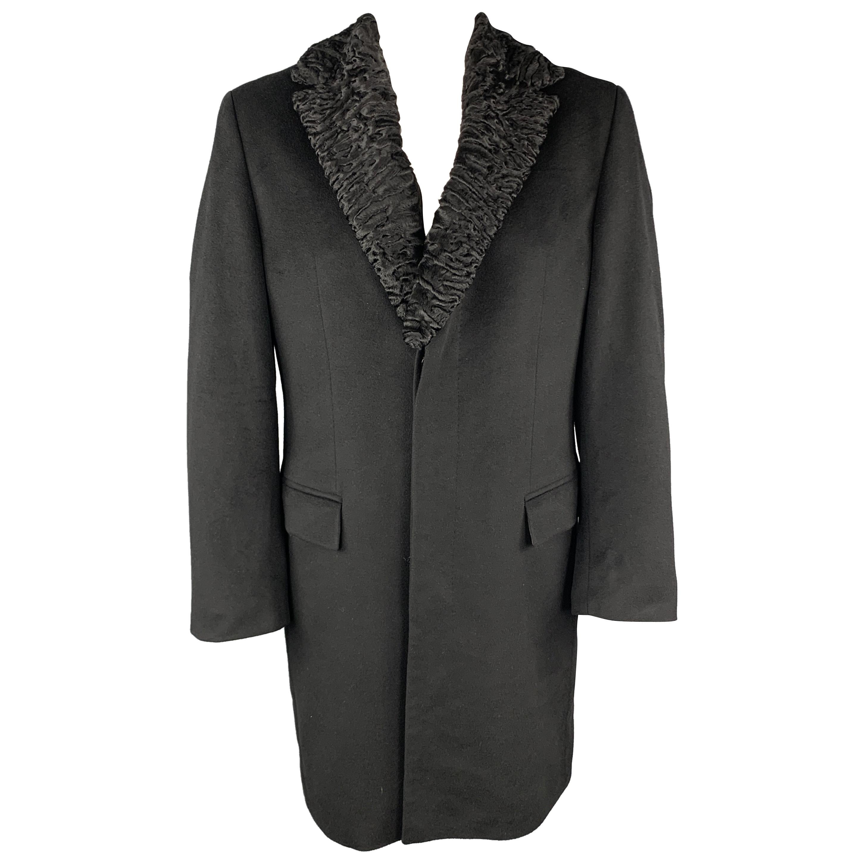 HUGO BOSS Size 42 Black Wool Blend Hidden Placket Fur Collar Coat
