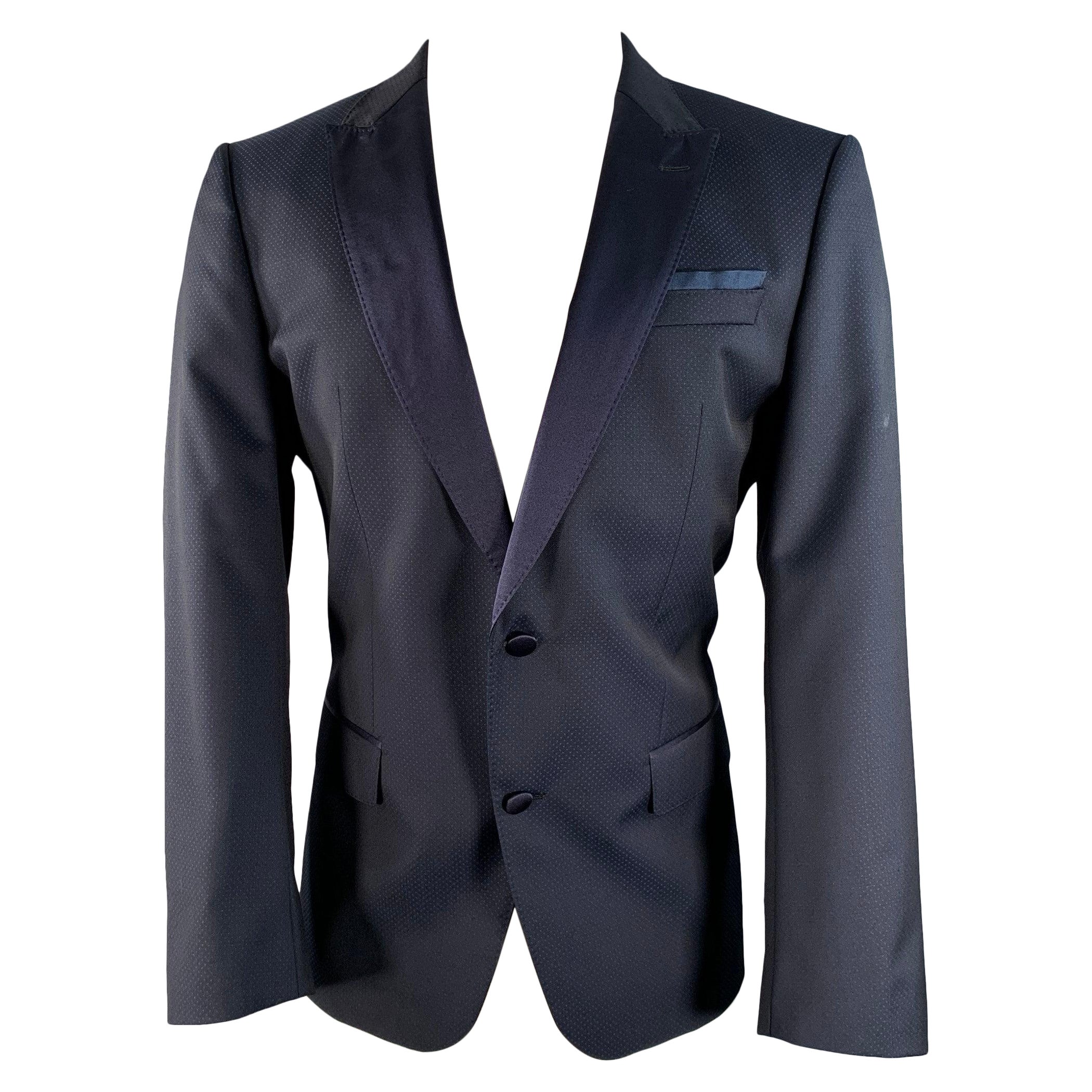 HUGO BOSS Size 42 Long Navy Blue Dots Virgin Wool Peak Lapel Sport Coat